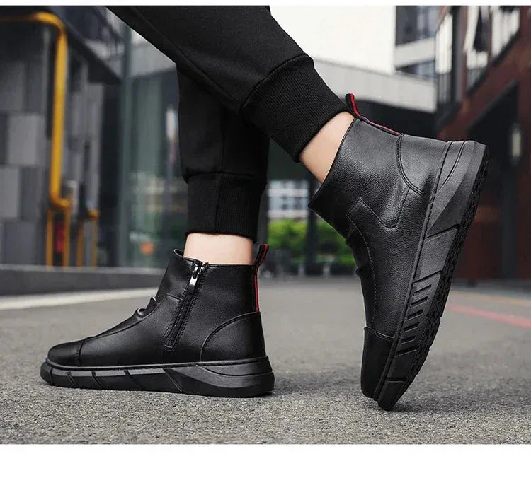 Bottes Homme Noires – Bottines en Cuir Mode, Chaussures à Plateforme et à Fermeture Éclair, Bottes Moto Confortables