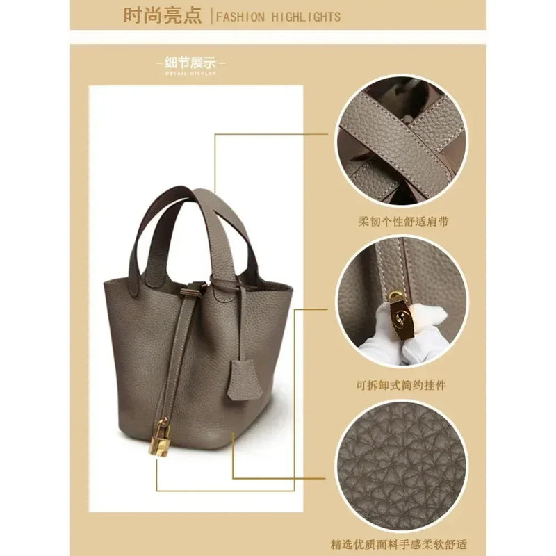 Sac à Main Femme en Forme de Seau – Sac Picotin avec Motif Lychee, Sac à Bandoulière Tendance