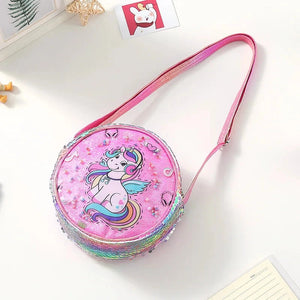 Kids Accessories Summer Lovely Kids Girls Sequin Crossbody Bag 3 Colors Cartoon Printed Round Shoulder Bag with Adjustable Strap MU Group