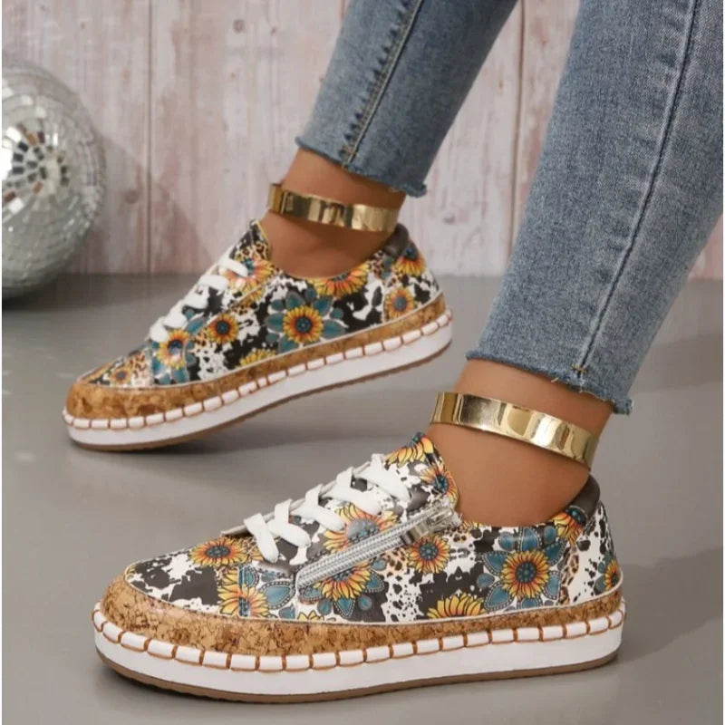 Women Sneakers Elegant Floral Printed Lace Up Female Flat Shoes Fashion Round Toe Lady Vulcanized Shoes Femme Casual Shoes