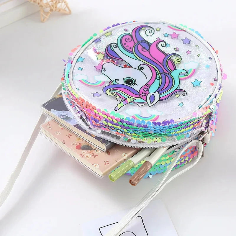 Kids Accessories Summer Lovely Kids Girls Sequin Crossbody Bag 3 Colors Cartoon Printed Round Shoulder Bag with Adjustable Strap MU Group