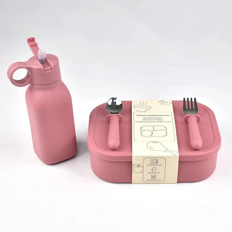 4PC/Set Silicone Bento Box Straw Water Bottle Leak-Proof Lunch Container Fork Spoon With Packaging Card BPA-Free Dishwasher Safe MU Group