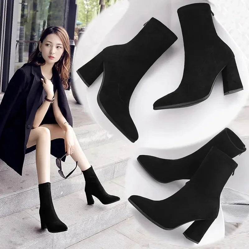 Ankle Chunky High Heel Sock Chelsea Boots Women Autumn Fashion Pointed Frosted Suede Short Boots Female Pumps Sexy Warm Boots MU Group