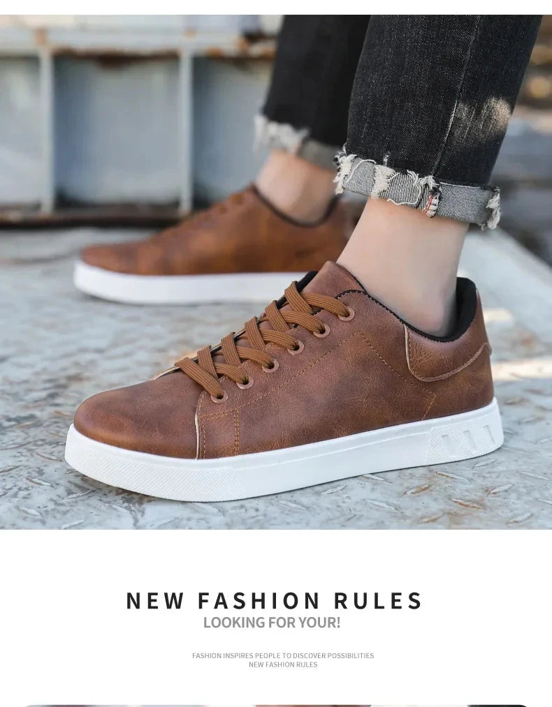 Classic Men Leather Shoes Thick-soled Casual Sneakers Trendy Lace-up Walking Shoes Spring Anti-slip Comfortable Vulcanized Shoes MU Group