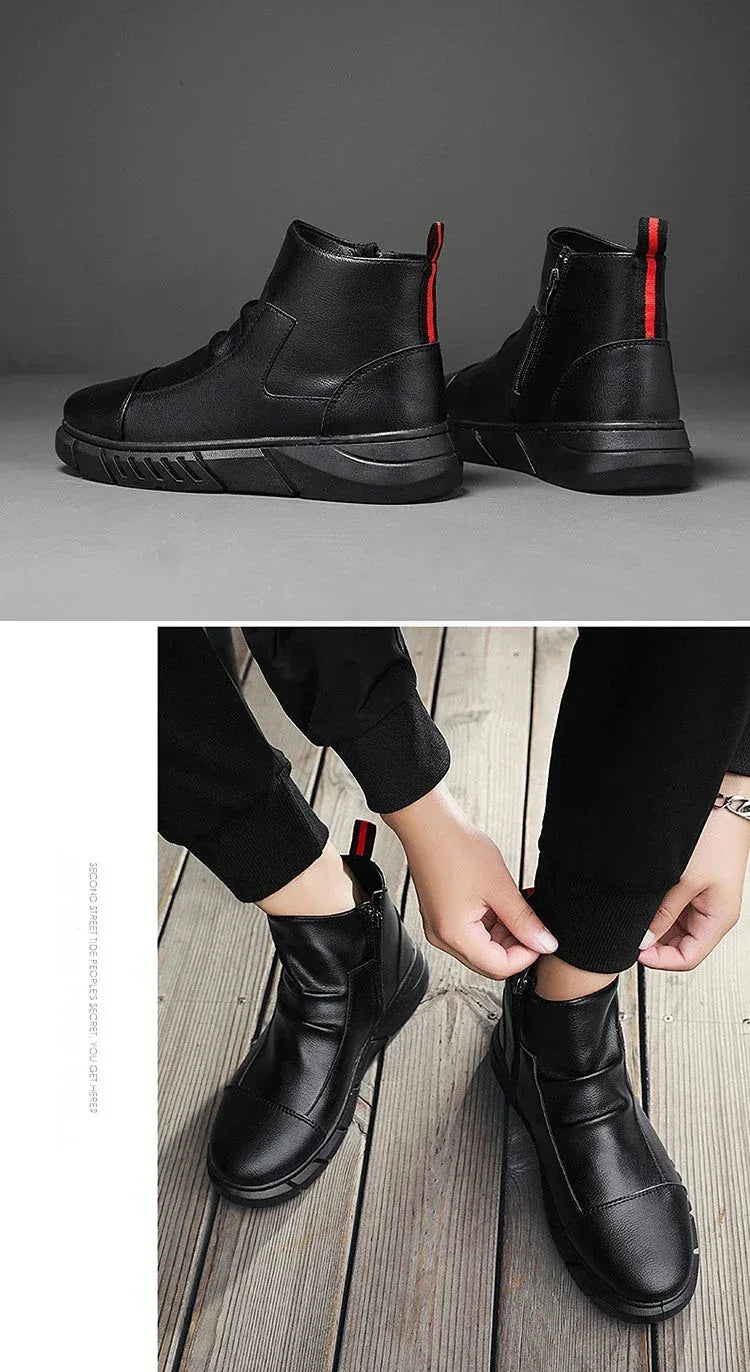 Bottes Homme Noires – Bottines en Cuir Mode, Chaussures à Plateforme et à Fermeture Éclair, Bottes Moto Confortables