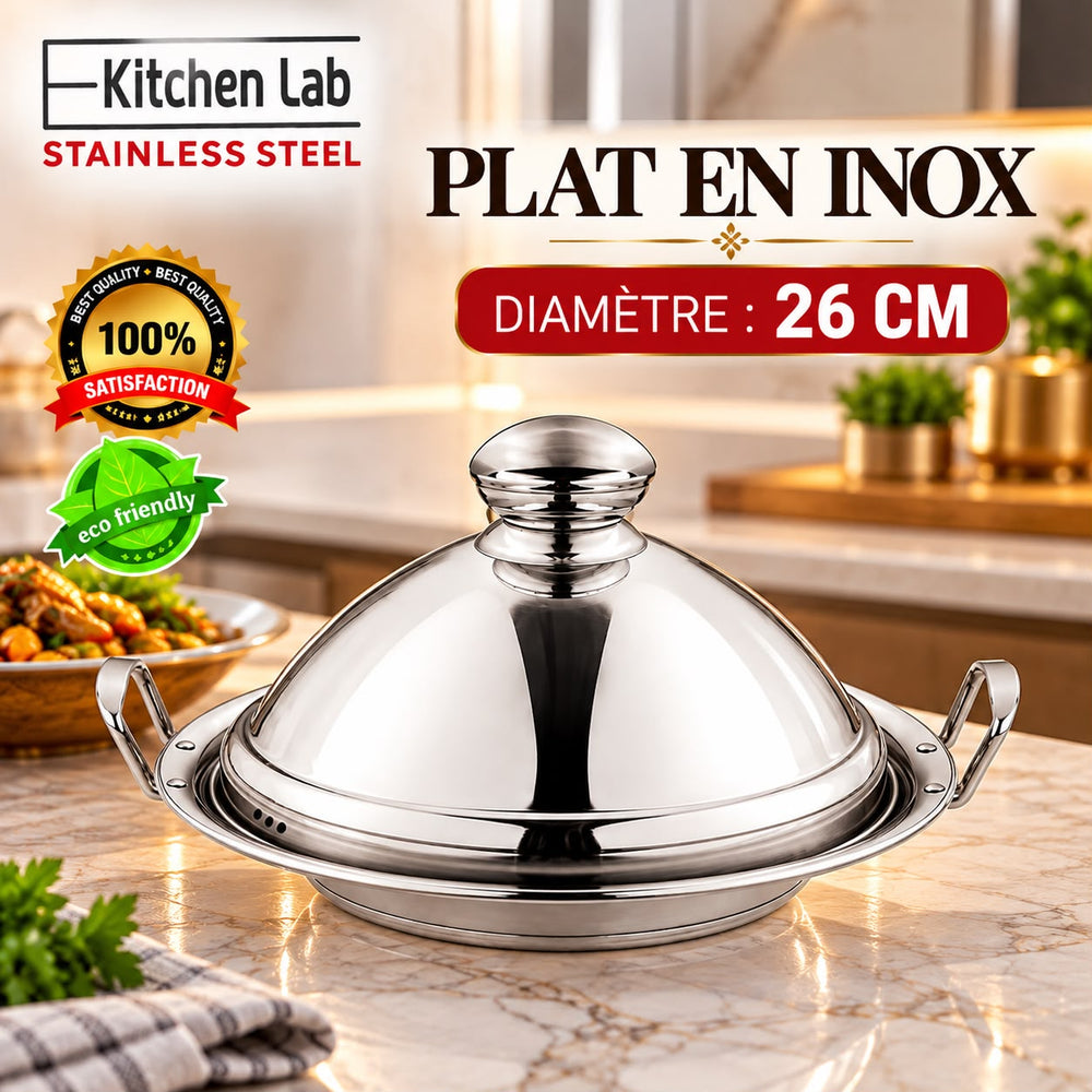 طاجن تقديم مغربي من الستانلس ستيل بمقابض وغطاء – Kitchen Lab مقاس 26 سم