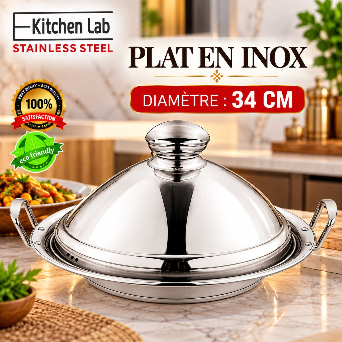 TAJINE EN INOX AVEC BRAS 34CM
