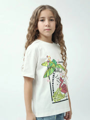 T-shirt fille à manches courtes, imprimé tropical flamant rose – TSH24SARO70914MG1 - Justyol