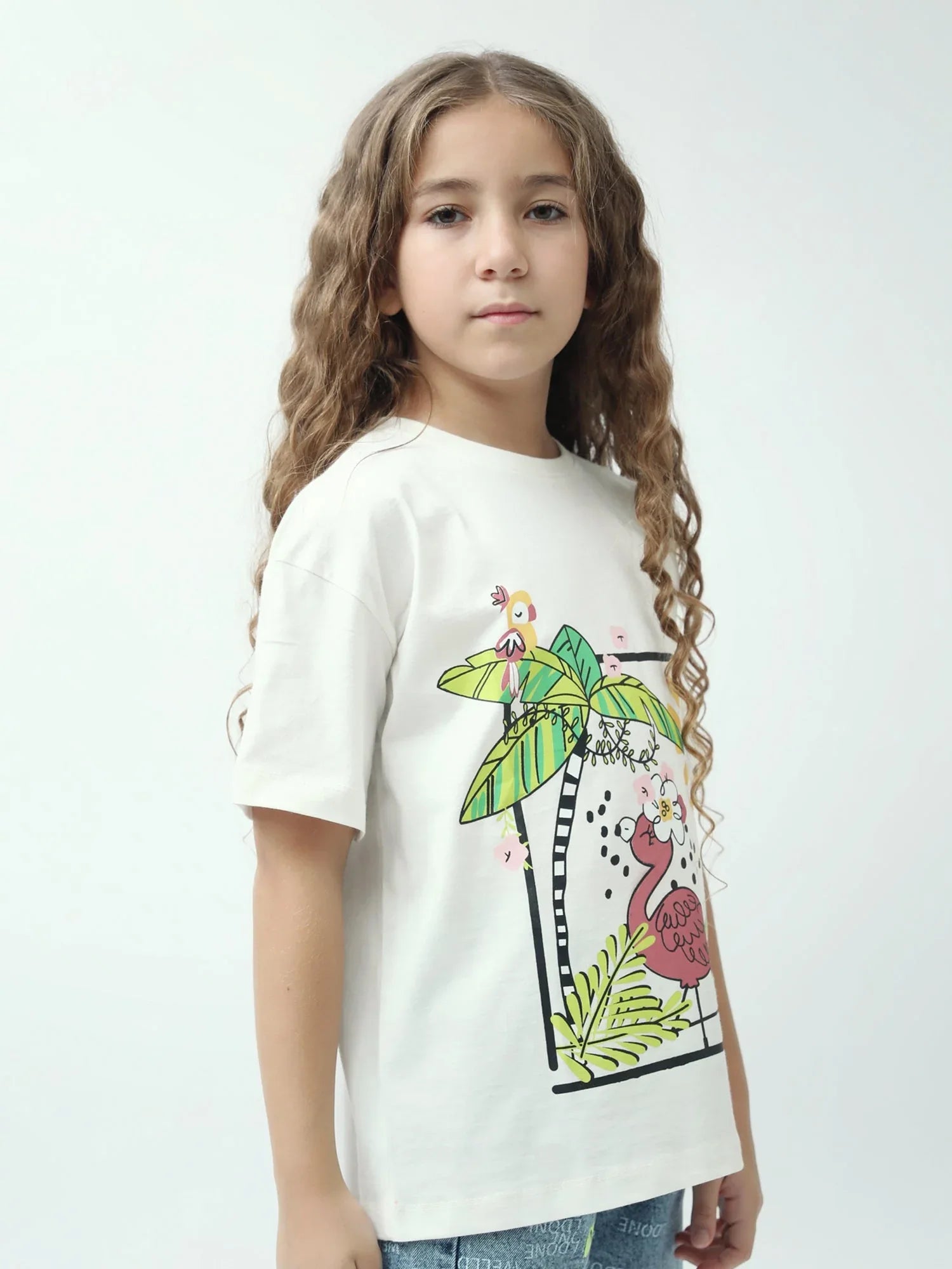 T-shirt fille à manches courtes, imprimé tropical flamant rose – TSH24SARO70914MG1 - Justyol