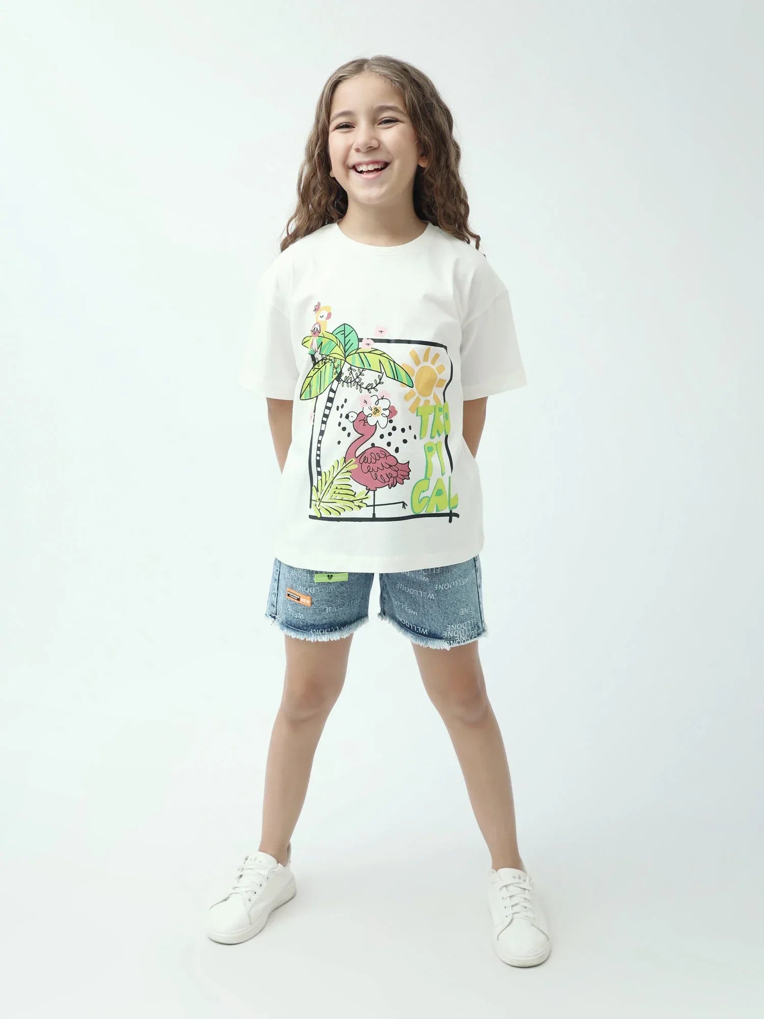 T-shirt fille à manches courtes, imprimé tropical flamant rose – TSH24SARO70914MG1 - Justyol