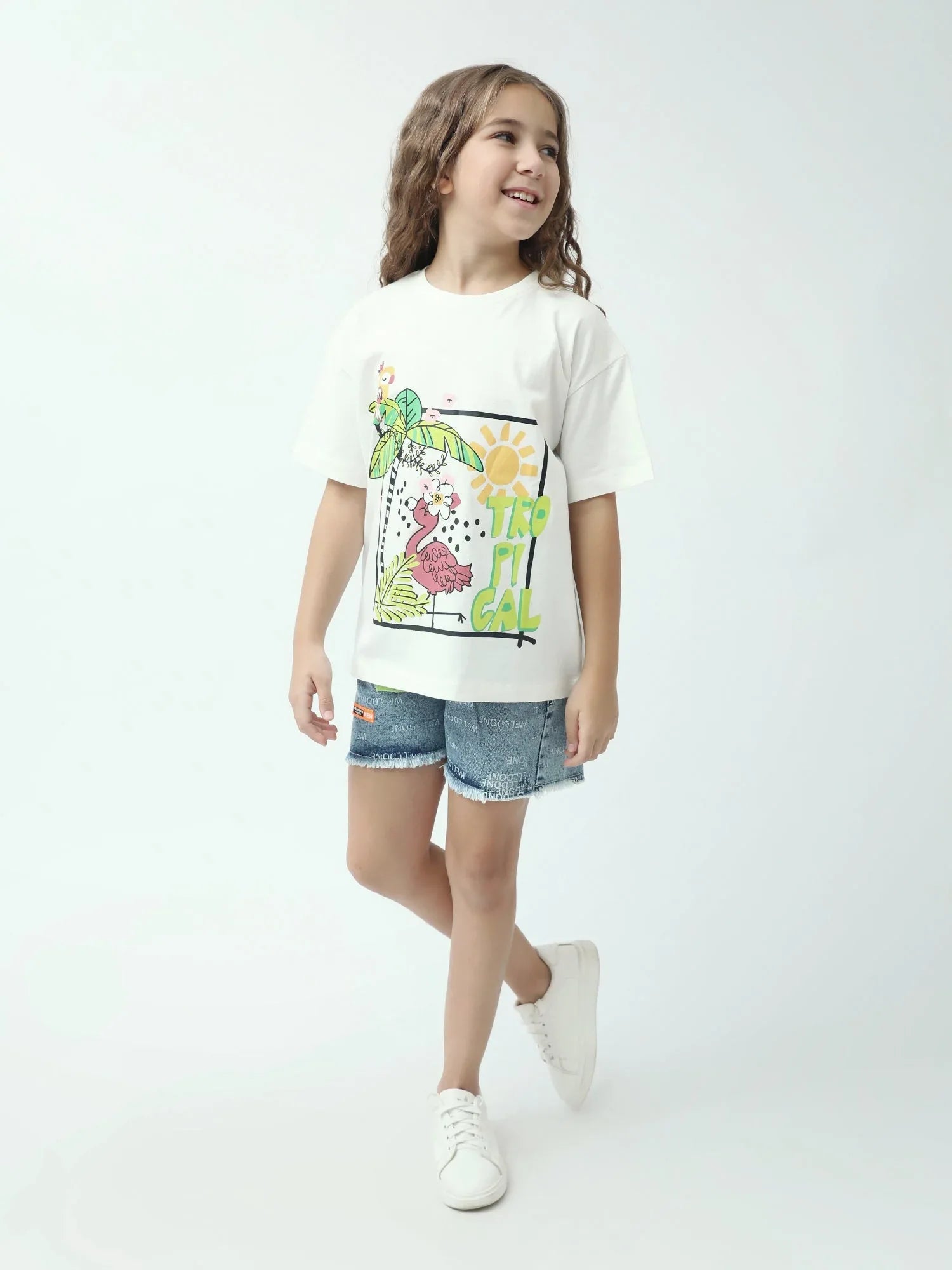 T-shirt fille à manches courtes, imprimé tropical flamant rose – TSH24SARO70914MG1 - Justyol