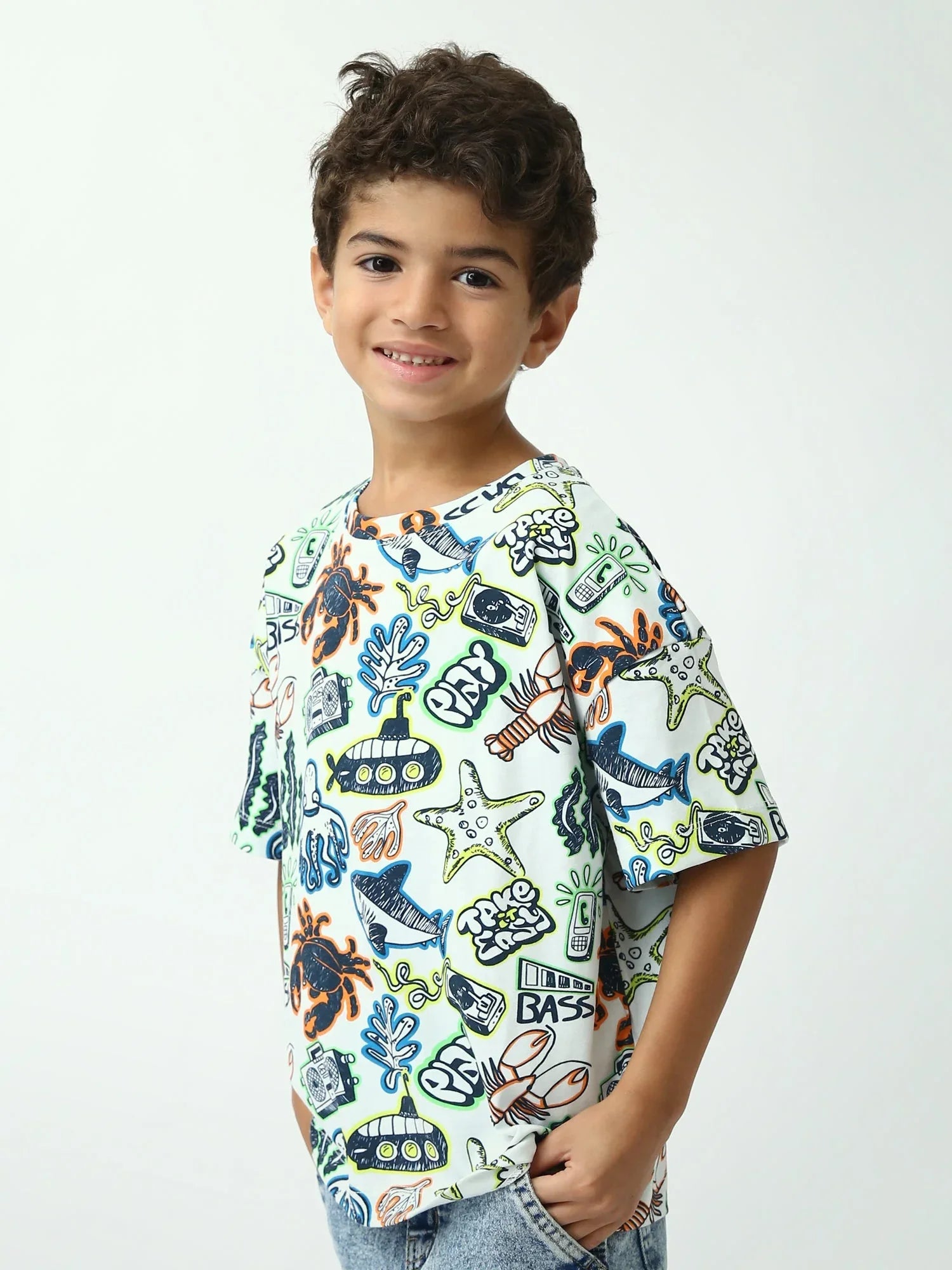 T-shirt garçon imprimé océans (crabe, pieuvre, étoile de mer) – manches courtes – TSH24SARO75247MB1 - Justyol
