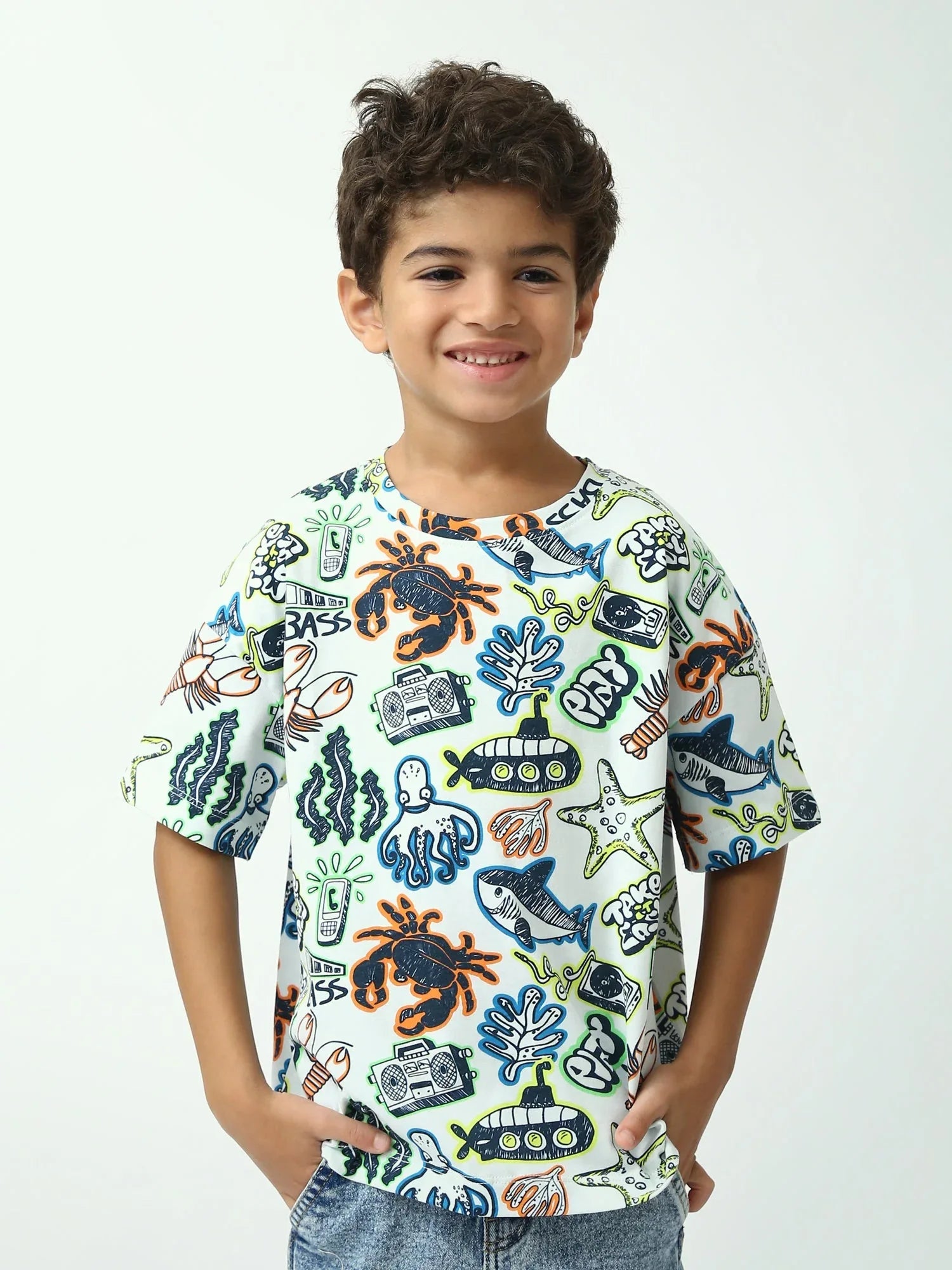 T-shirt garçon imprimé océans (crabe, pieuvre, étoile de mer) – manches courtes – TSH24SARO75247MB1 - Justyol
