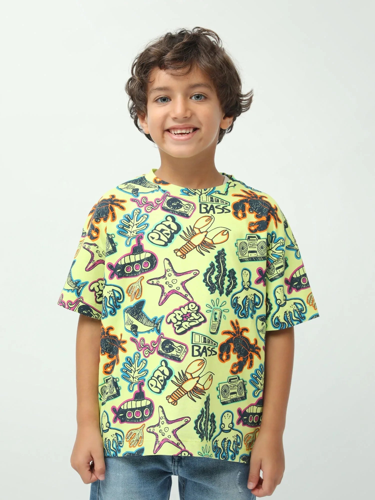 T-shirt garçon imprimé océans (crabe, pieuvre, étoile de mer) – manches courtes – TSH24SARO75247MB1 - Justyol
