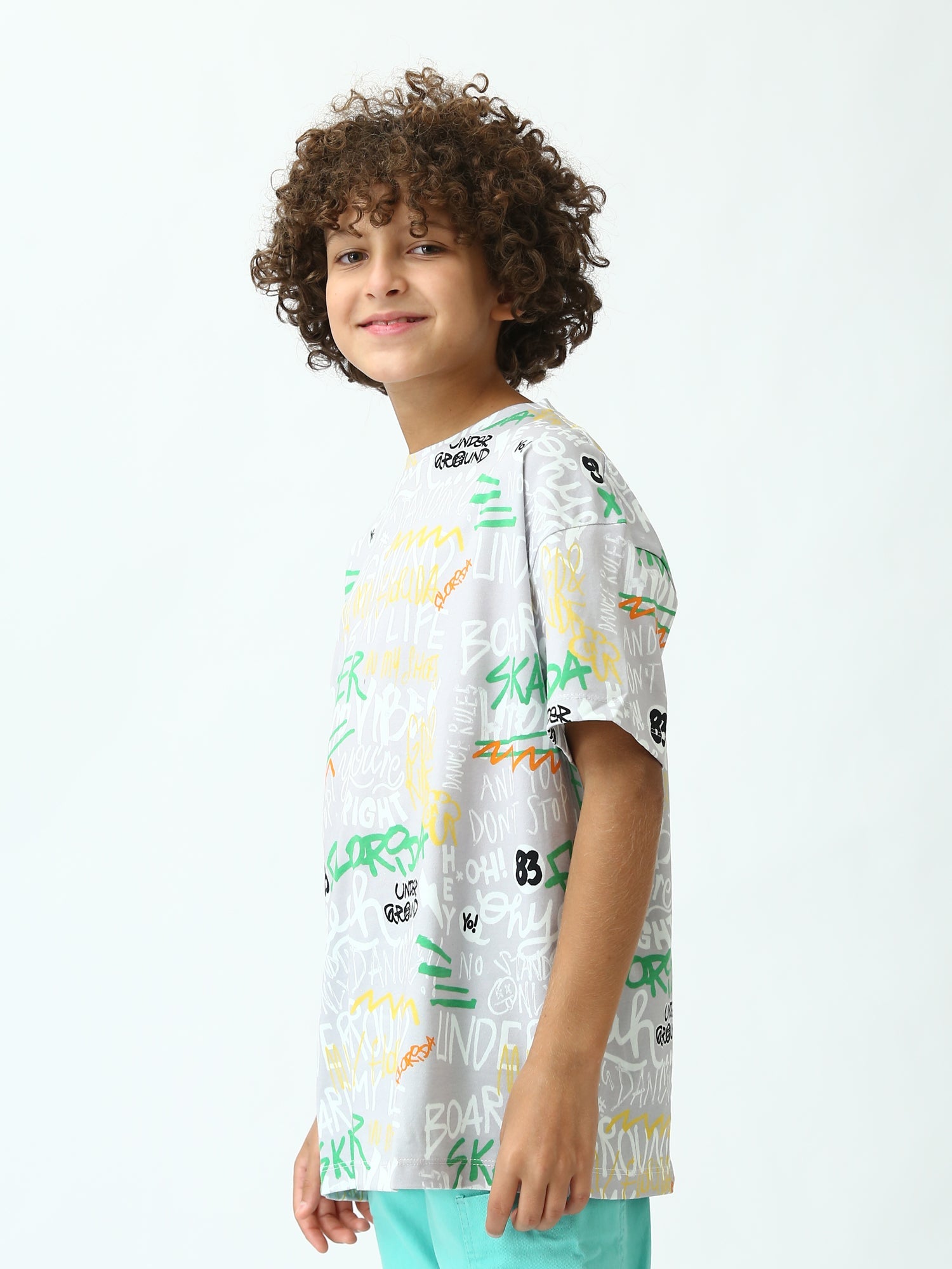 T-shirt ado garçon gris argenté imprimé graffiti Skater, manches courtes, coupe oversize - TSH24SARO75265MJ1