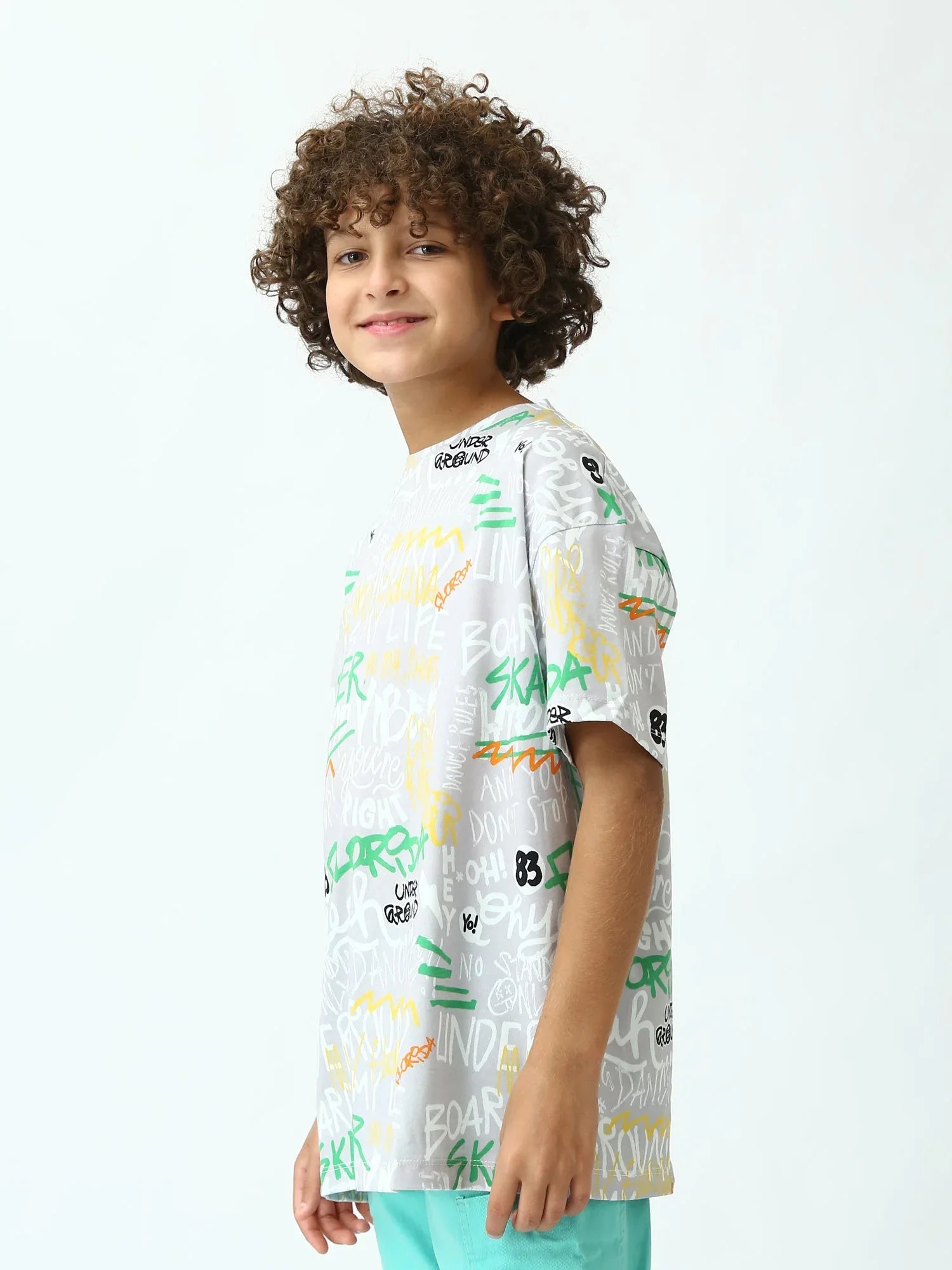 T-shirt ado garçon gris argenté imprimé graffiti Skater, manches courtes, coupe oversize - TSH24SARO75265MJ1 - Justyol