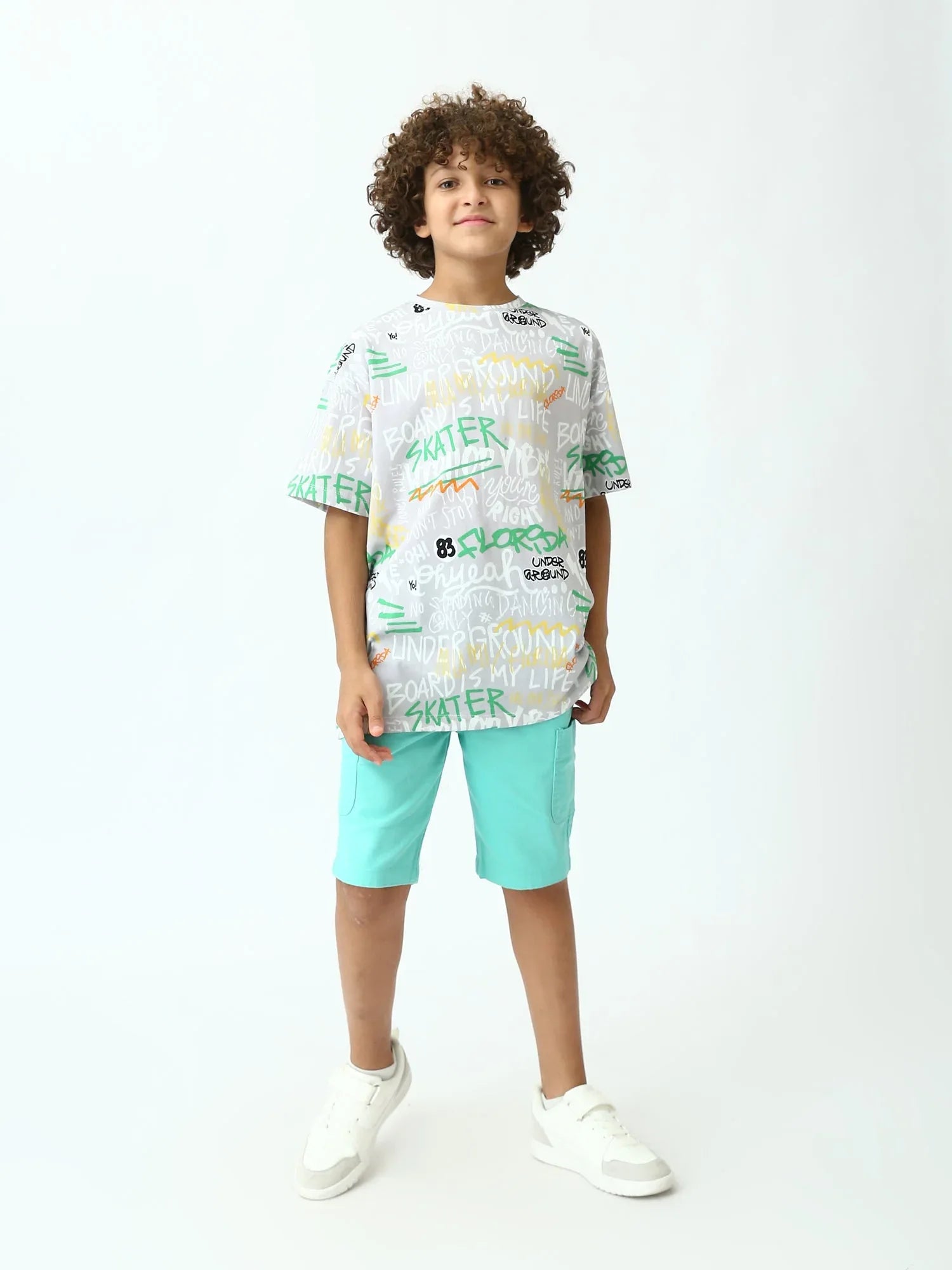 T-shirt ado garçon gris argenté imprimé graffiti Skater, manches courtes, coupe oversize - TSH24SARO75265MJ1 - Justyol