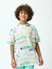 T-shirt ado garçon gris argenté imprimé graffiti Skater, manches courtes, coupe oversize - TSH24SARO75265MJ1 - Justyol