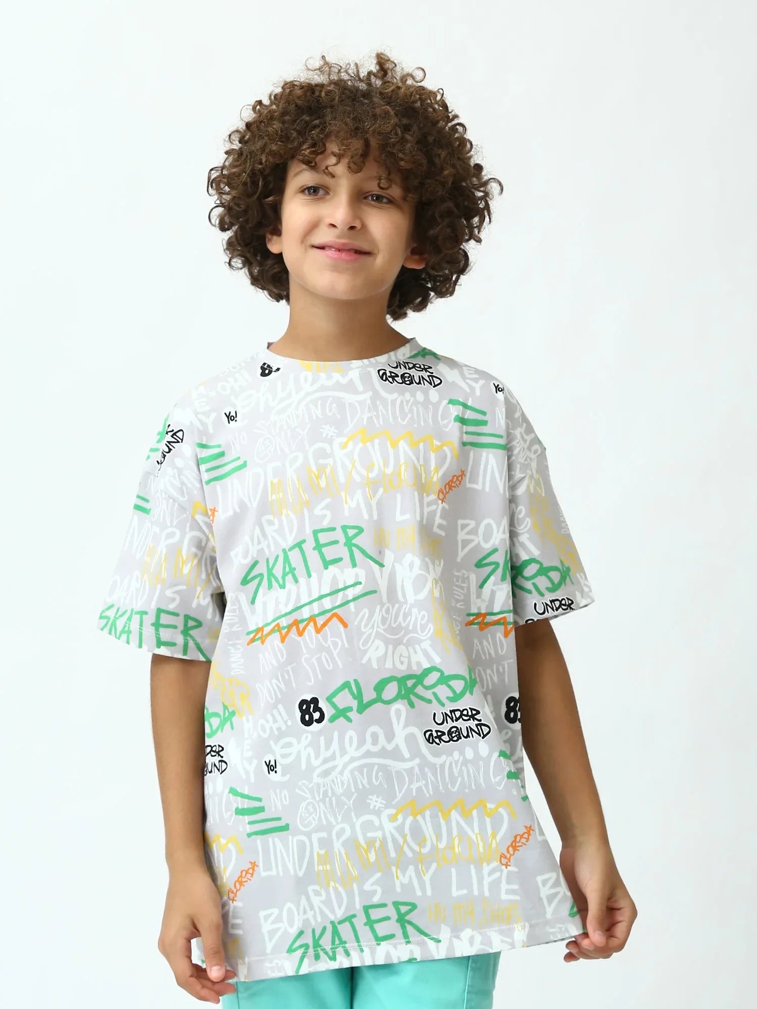 T-shirt ado garçon gris argenté imprimé graffiti Skater, manches courtes, coupe oversize - TSH24SARO75265MJ1 - Justyol
