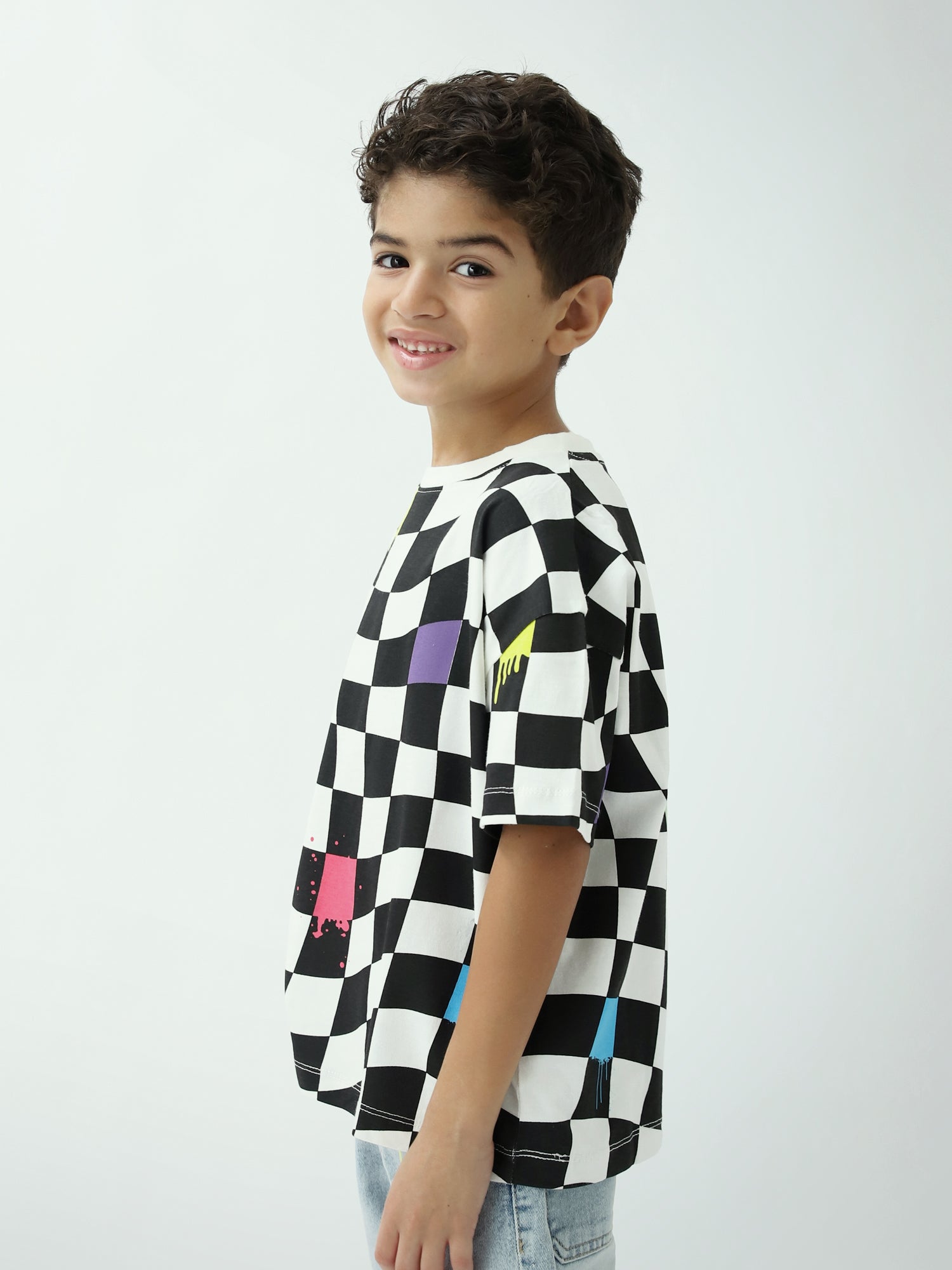 T-shirt garçon imprimé damier – Noir & blanc, manches courtes - TSH24SARO75477MB1
