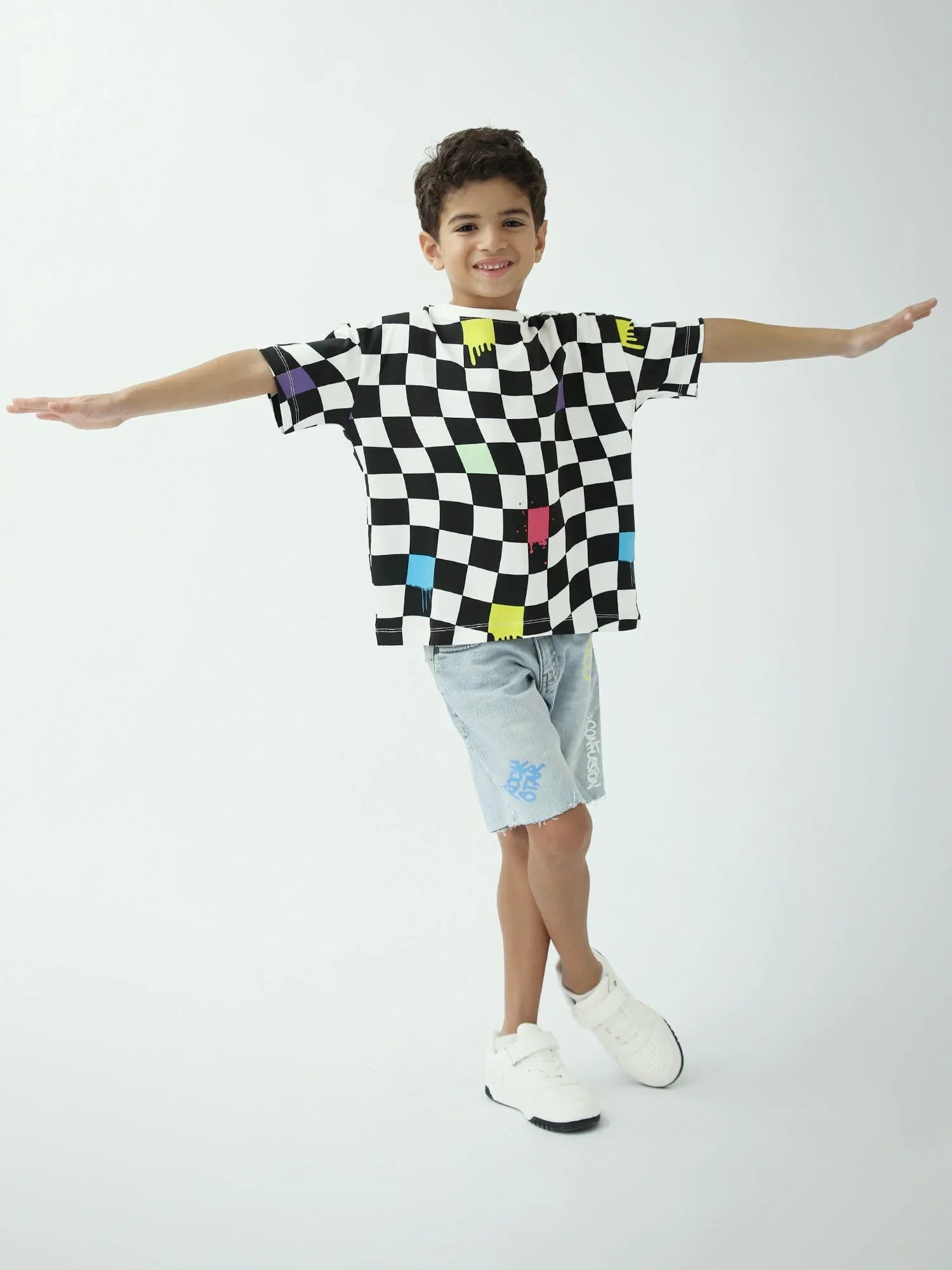 T-shirt garçon imprimé damier – Noir & blanc, manches courtes - TSH24SARO75477MB1 - Justyol