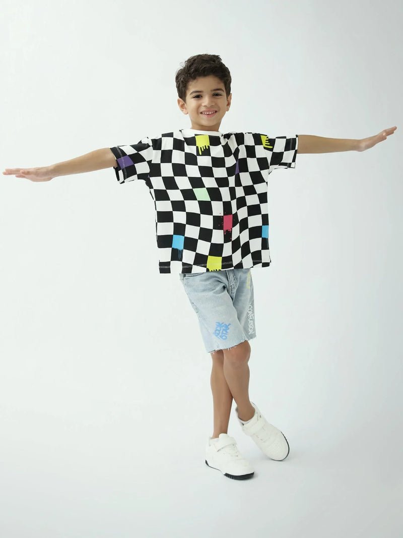 T-shirt garçon imprimé damier – Noir & blanc, manches courtes - TSH24SARO75477MB1