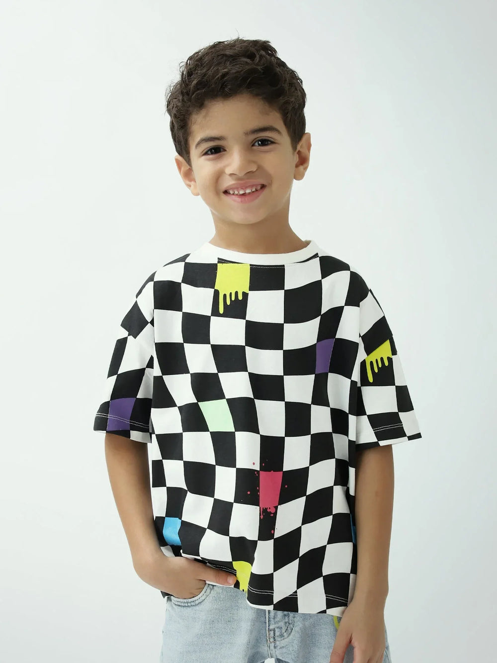 T-shirt garçon imprimé damier – Noir & blanc, manches courtes - TSH24SARO75477MB1