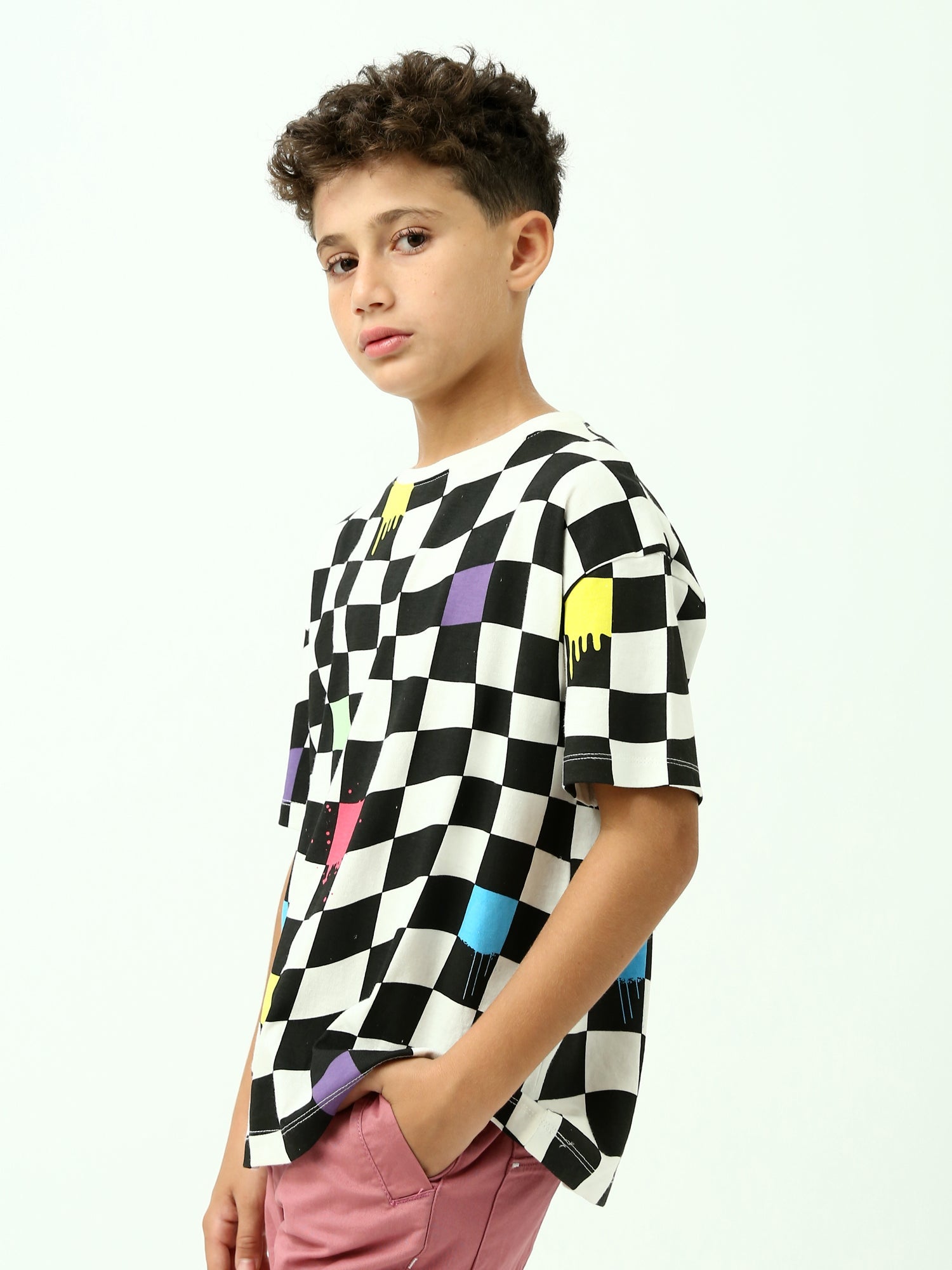 T-shirt garçon ado imprimé damier – Noir & blanc, manches courtes - TSH24SARO75477MJ1