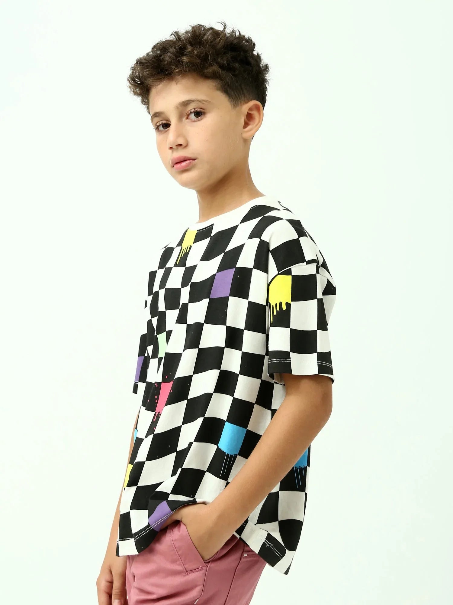 T-shirt garçon ado imprimé damier – Noir & blanc, manches courtes - TSH24SARO75477MJ1 - Justyol