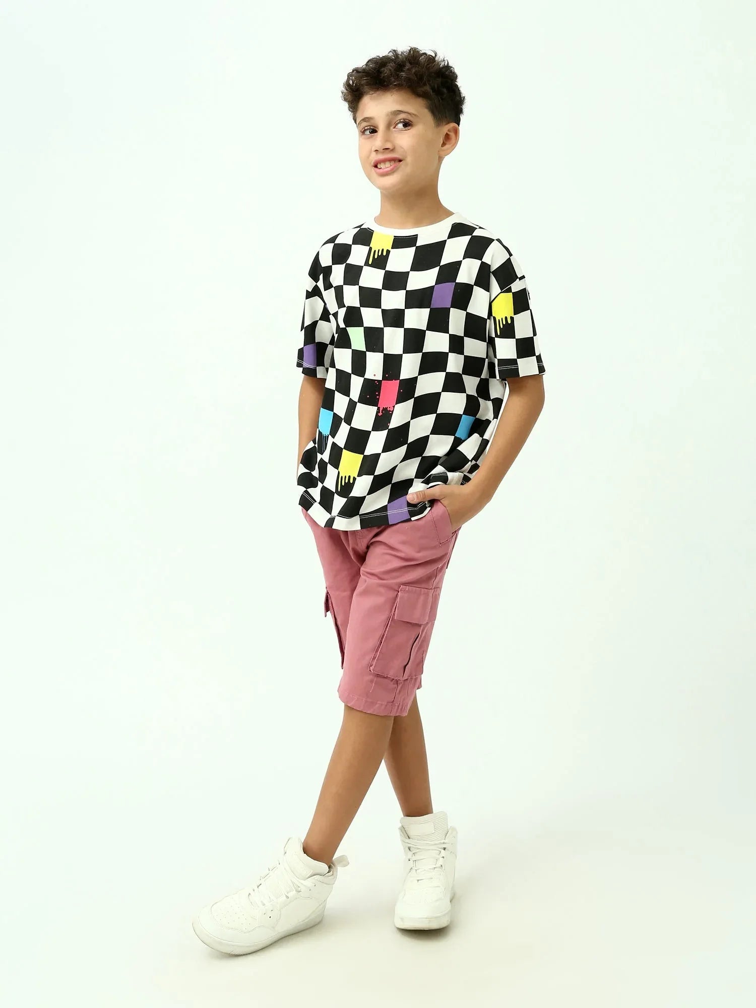 T-shirt garçon ado imprimé damier – Noir & blanc, manches courtes - TSH24SARO75477MJ1 - Justyol