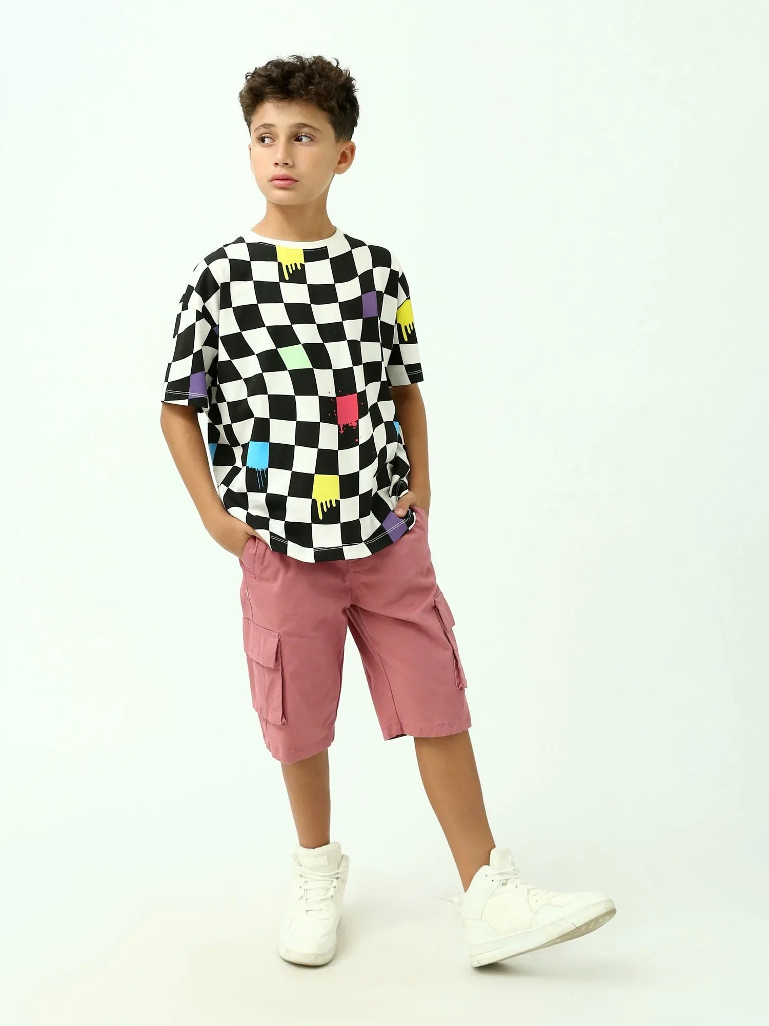 T-shirt garçon ado imprimé damier – Noir & blanc, manches courtes - TSH24SARO75477MJ1 - Justyol