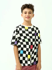 T-shirt garçon ado imprimé damier – Noir & blanc, manches courtes - TSH24SARO75477MJ1 - Justyol