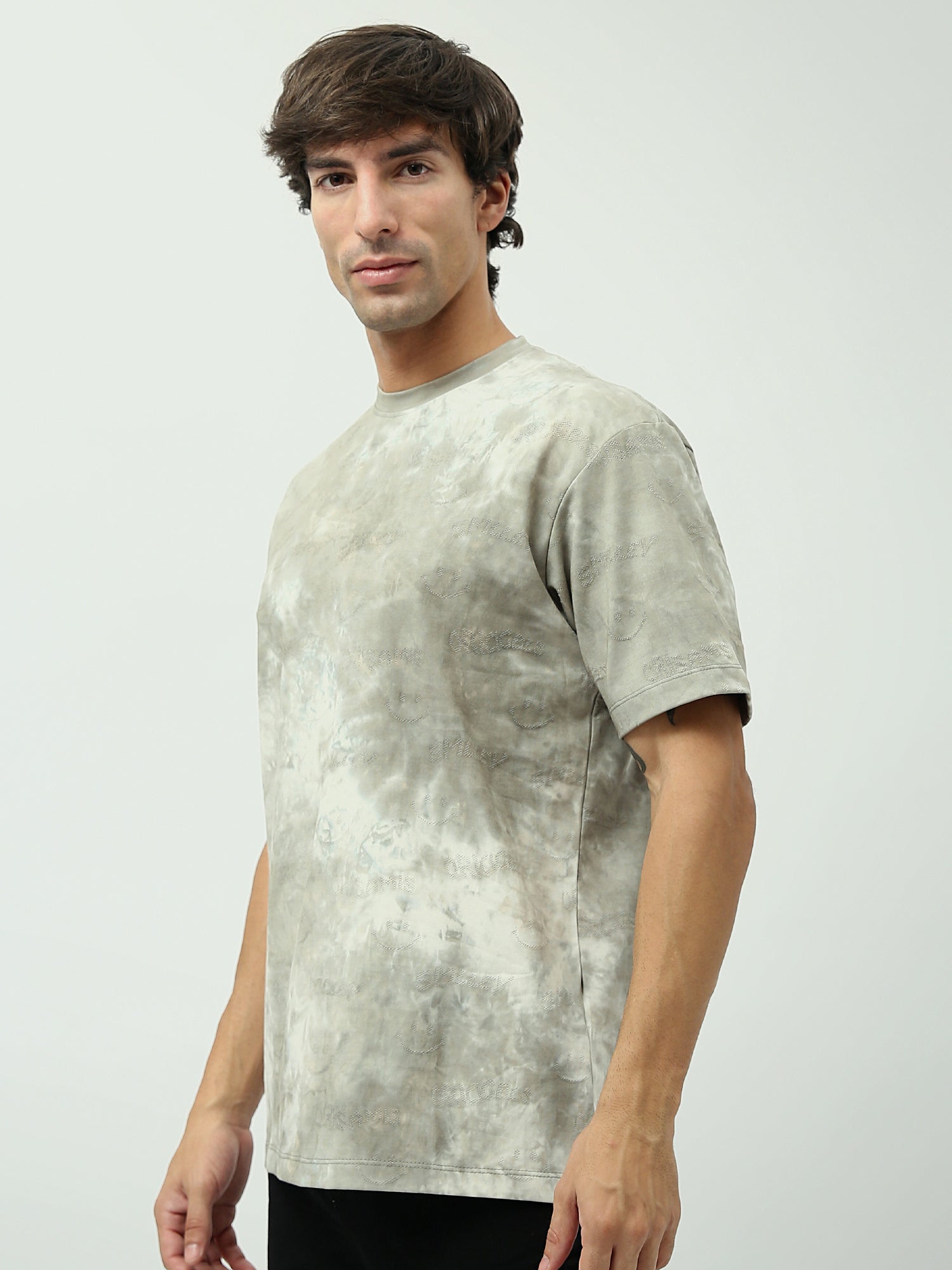 T-shirt décontracté "Smiley" Olive – Design Tie-Dye avec motif brodé - TSH24SARR20072TM1
