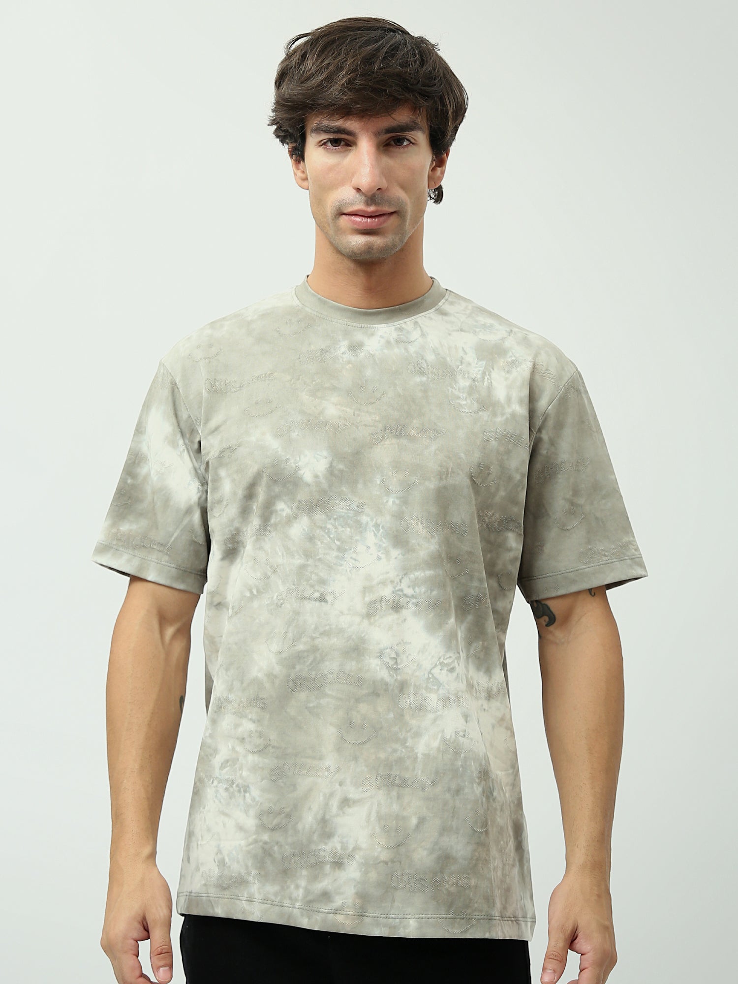 T-shirt décontracté "Smiley" Olive – Design Tie-Dye avec motif brodé - TSH24SARR20072TM1
