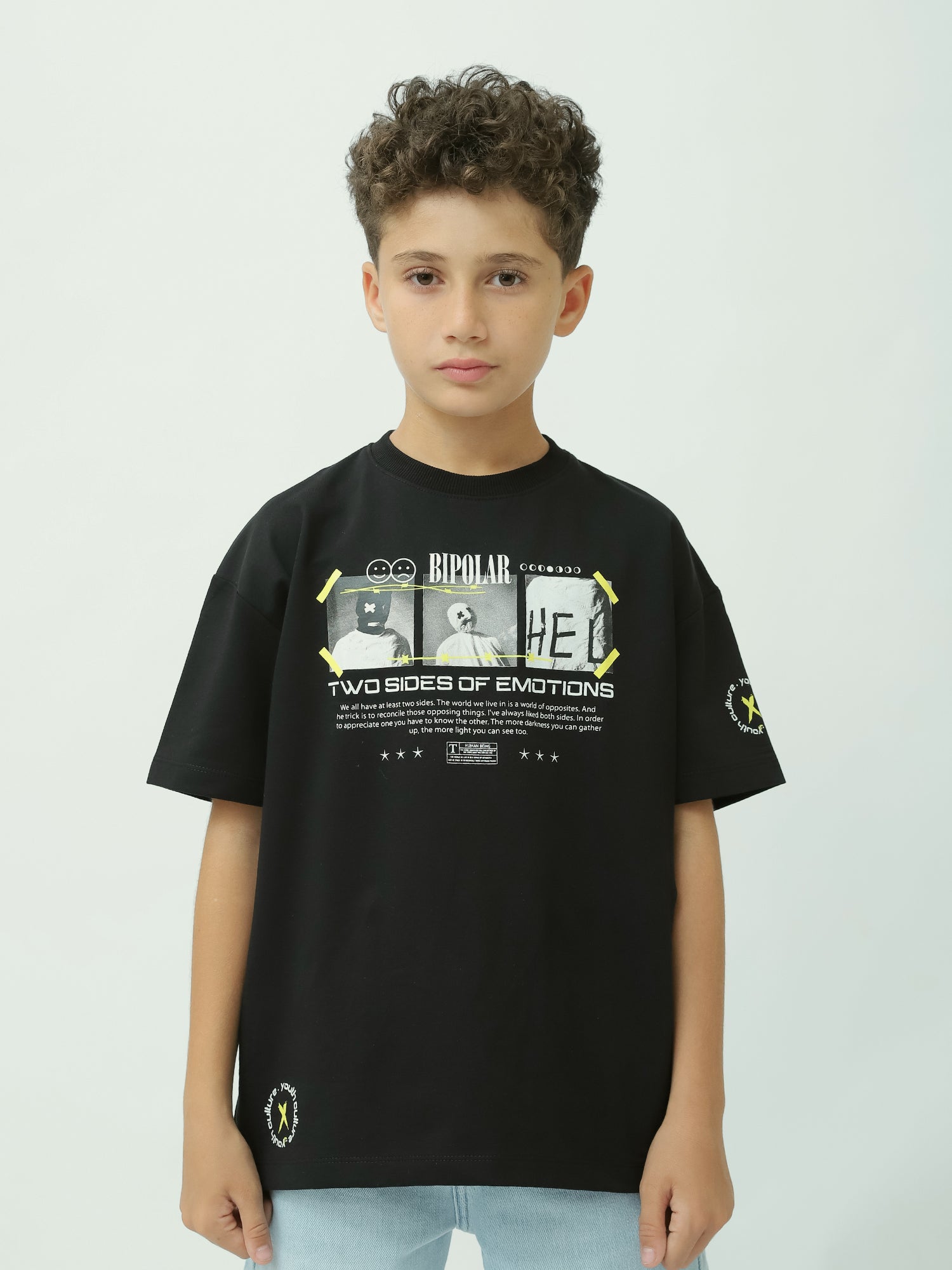 T-shirt pour enfants avec le motif "BIPOLAR" et le slogan "TWO SIDES OF EMOTIONS" - TSH24SPRO20055TB1