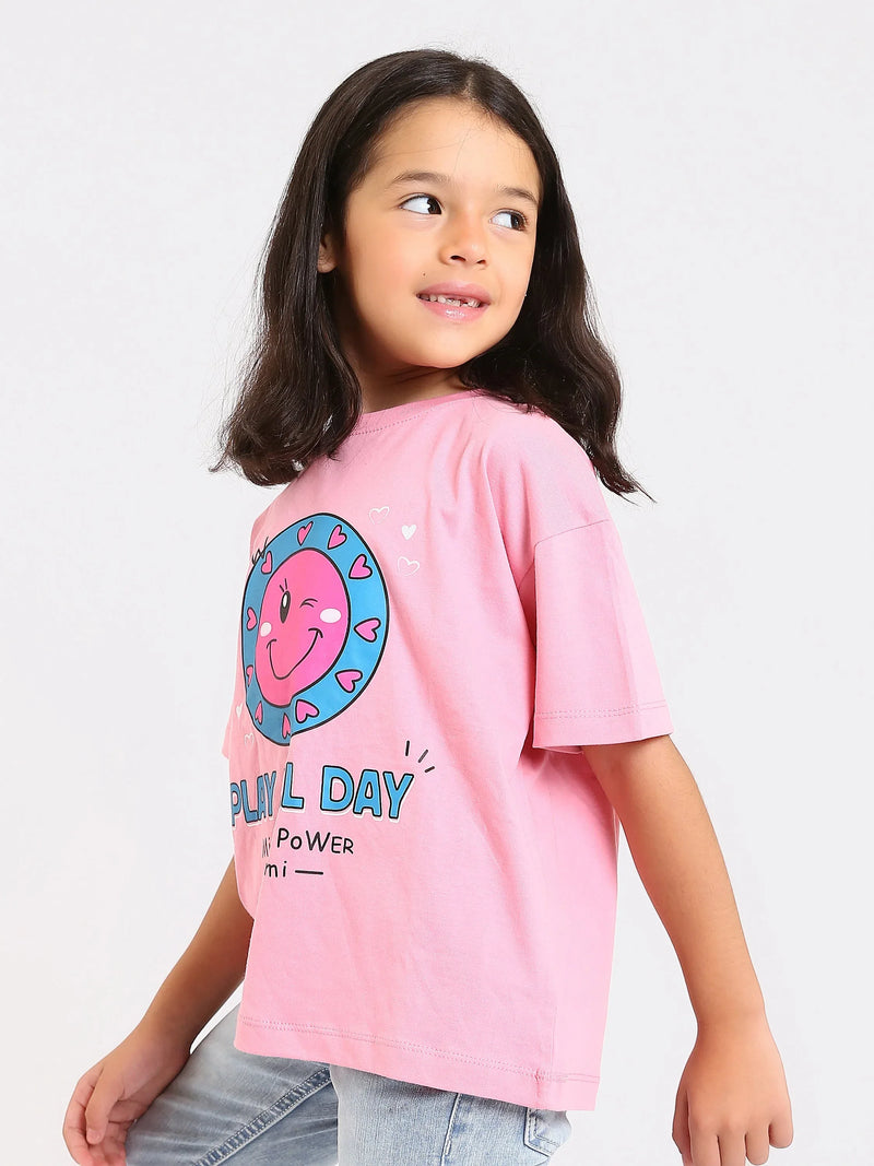 T-shirt fille PLAY ALL DAY rose et jaune - TSH24SPRO70877MG1
