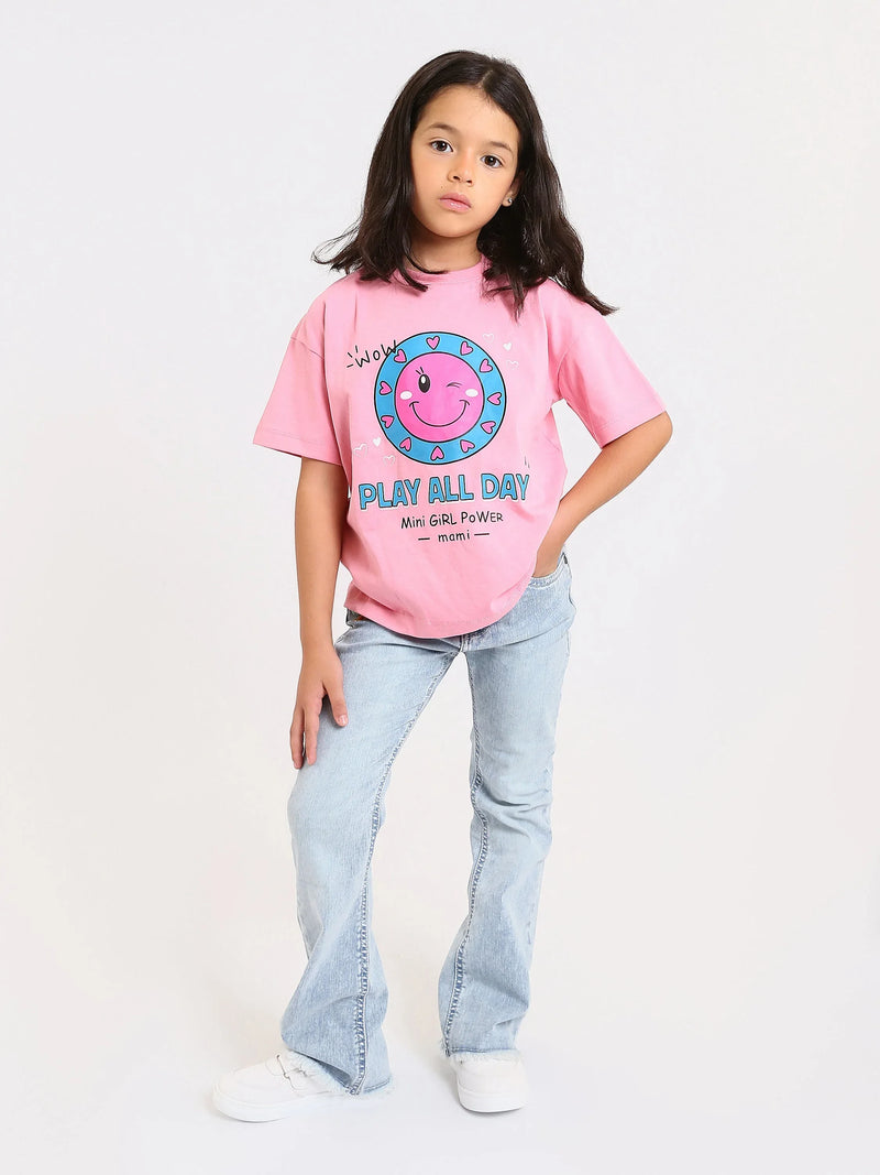 T-shirt fille PLAY ALL DAY rose et jaune - TSH24SPRO70877MG1