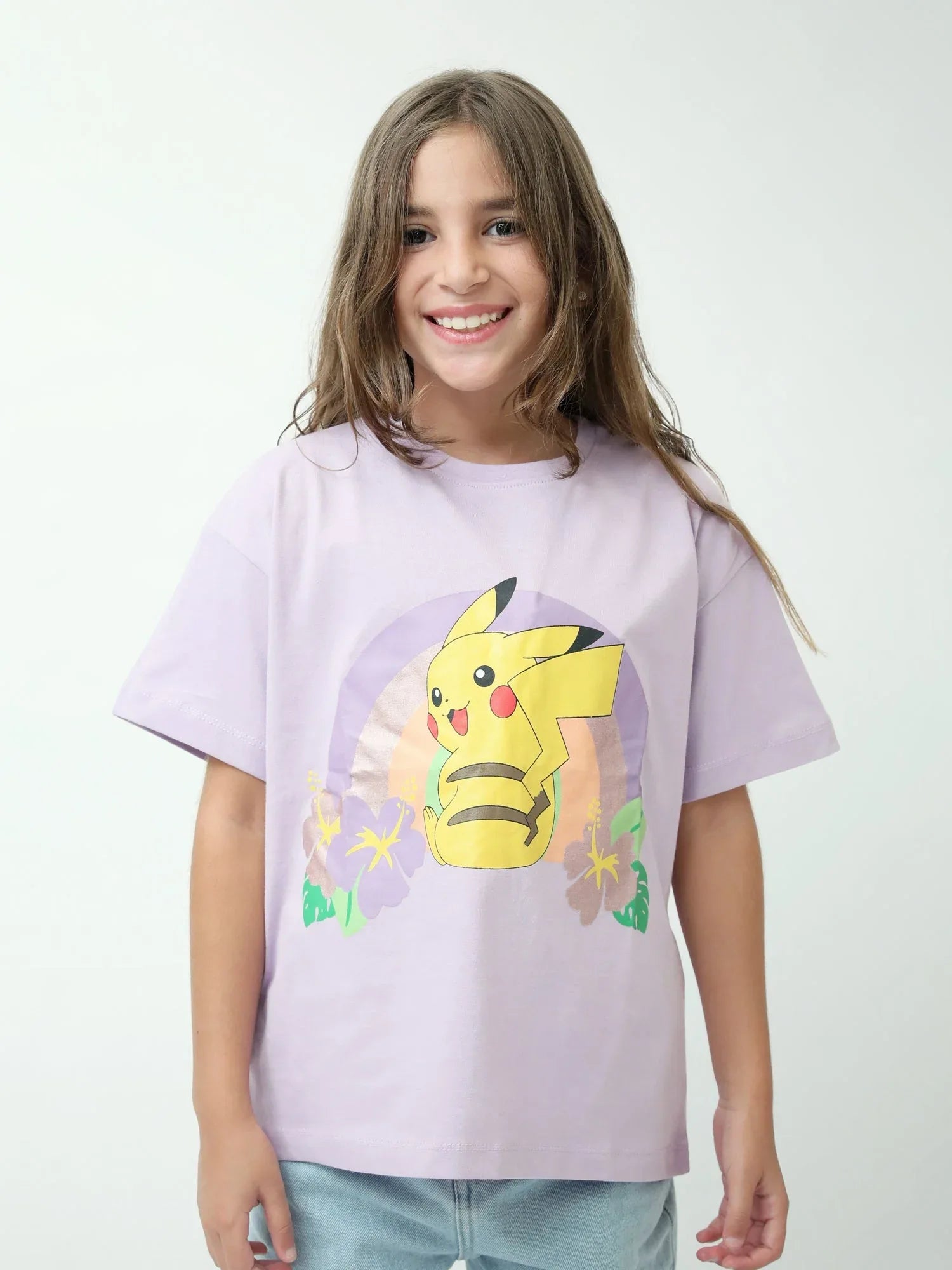 T-shirt fille à manches courtes, imprimé Pikachu arc-en-ciel – TSH24SPRO70910MG1 - Justyol