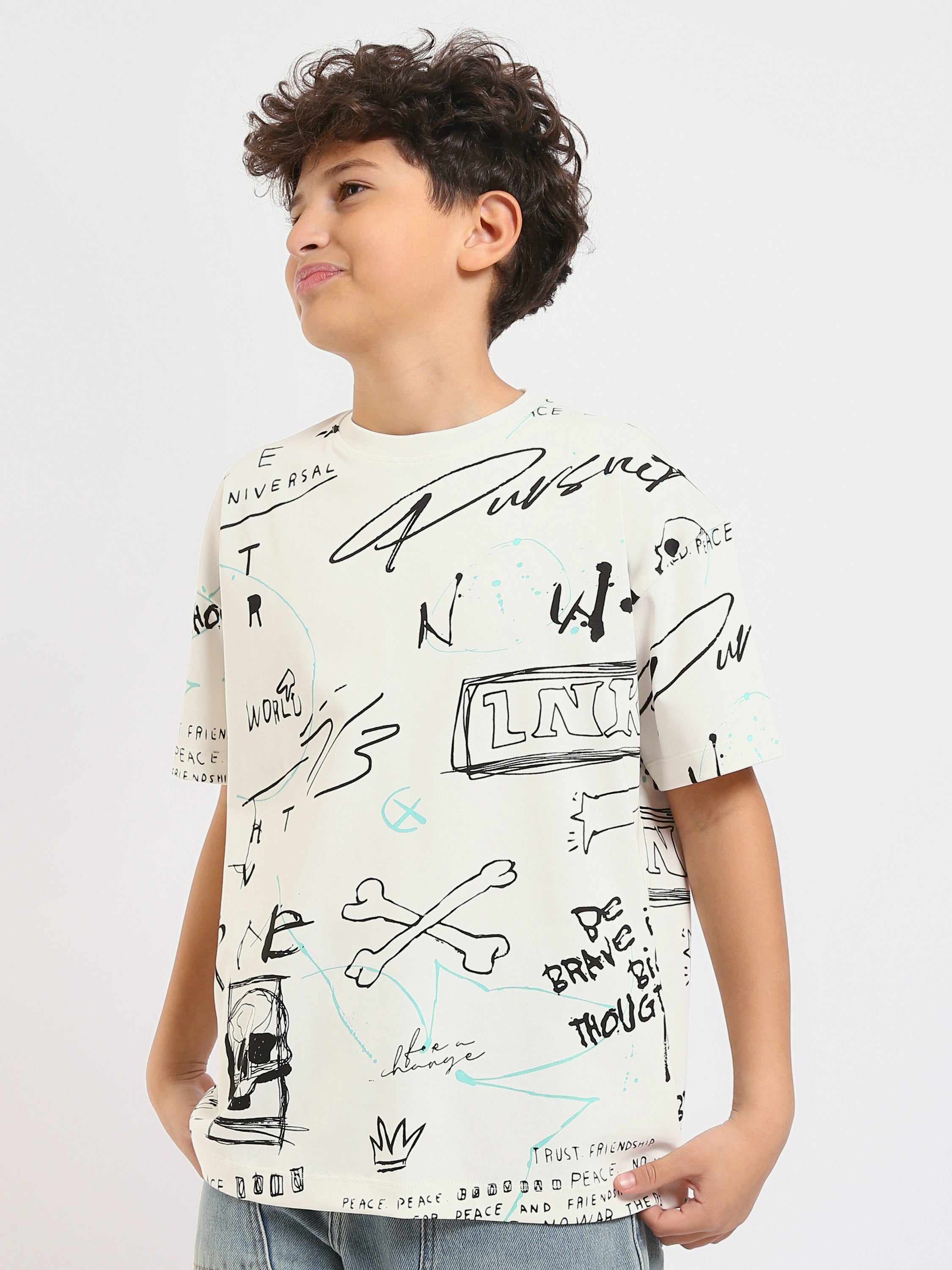 T-shirt Garçon – Imprimé Artistique ‘Peace & People’ en Off-White – TSH25SARS32734TB1