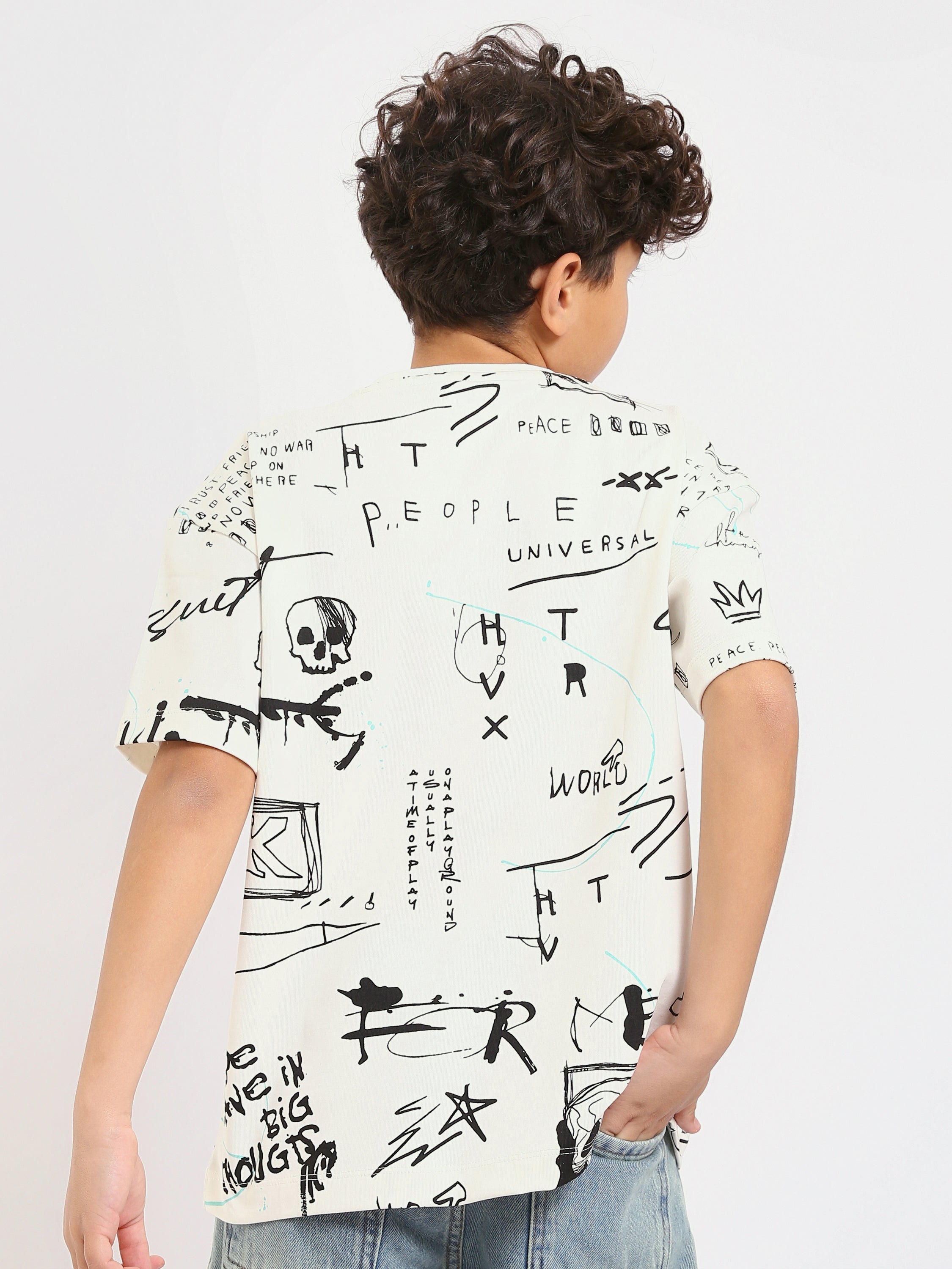 T-shirt Garçon – Imprimé Artistique ‘Peace & People’ en Off-White – TSH25SARS32734TB1