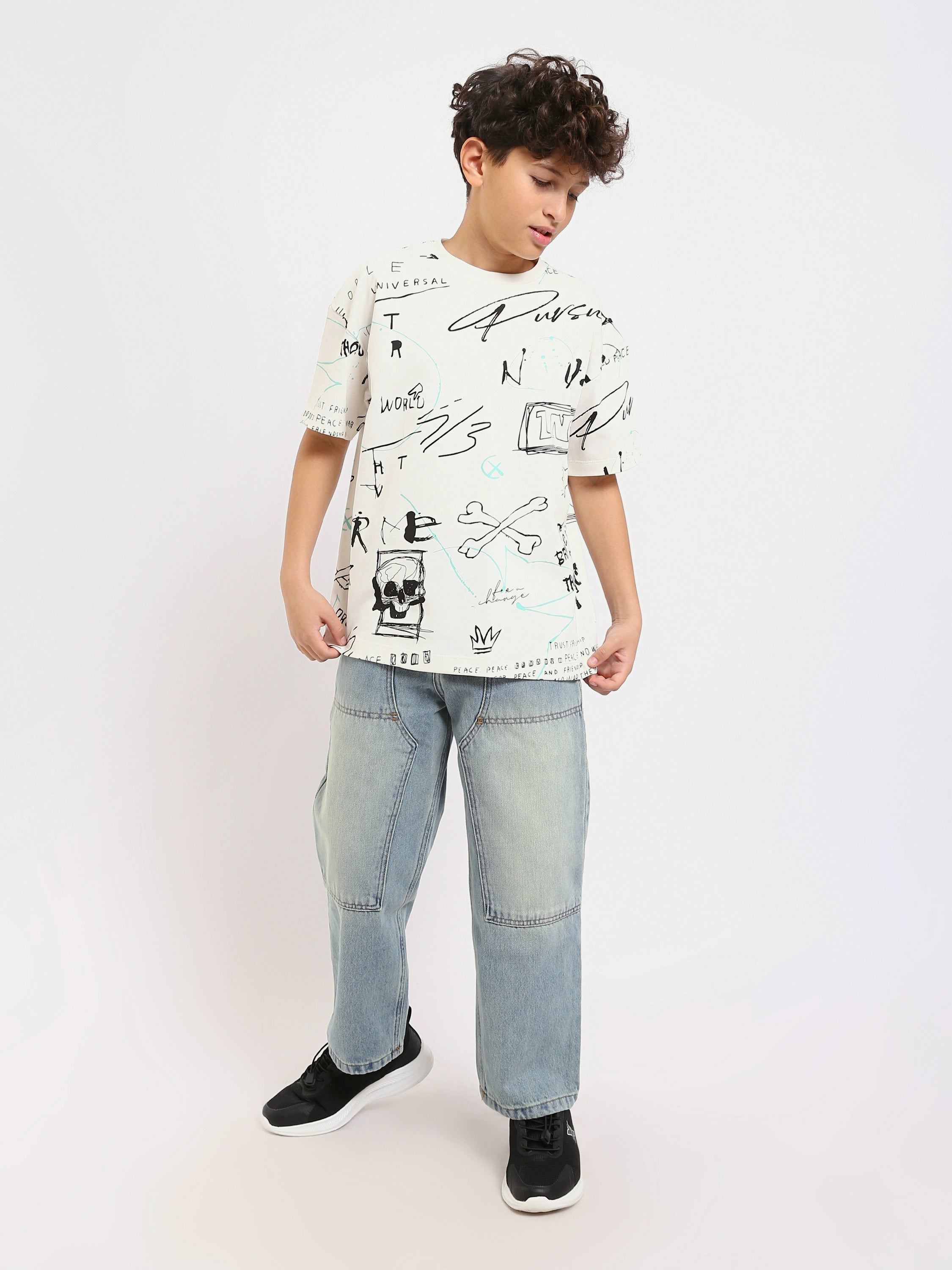T-shirt Garçon – Imprimé Artistique ‘Peace & People’ en Off-White – TSH25SARS32734TB1