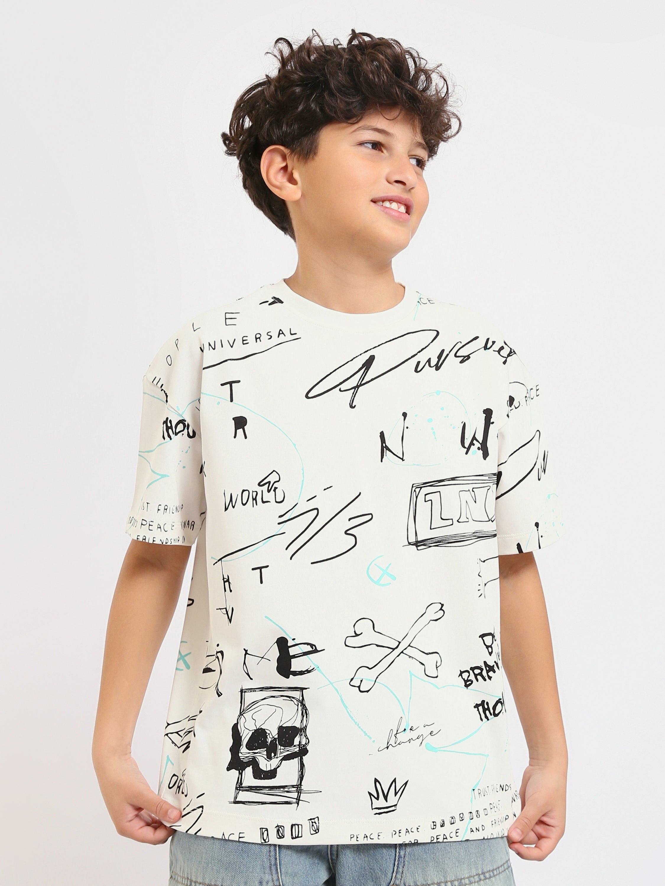 T-shirt Garçon – Imprimé Artistique ‘Peace & People’ en Off-White – TSH25SARS32734TB1