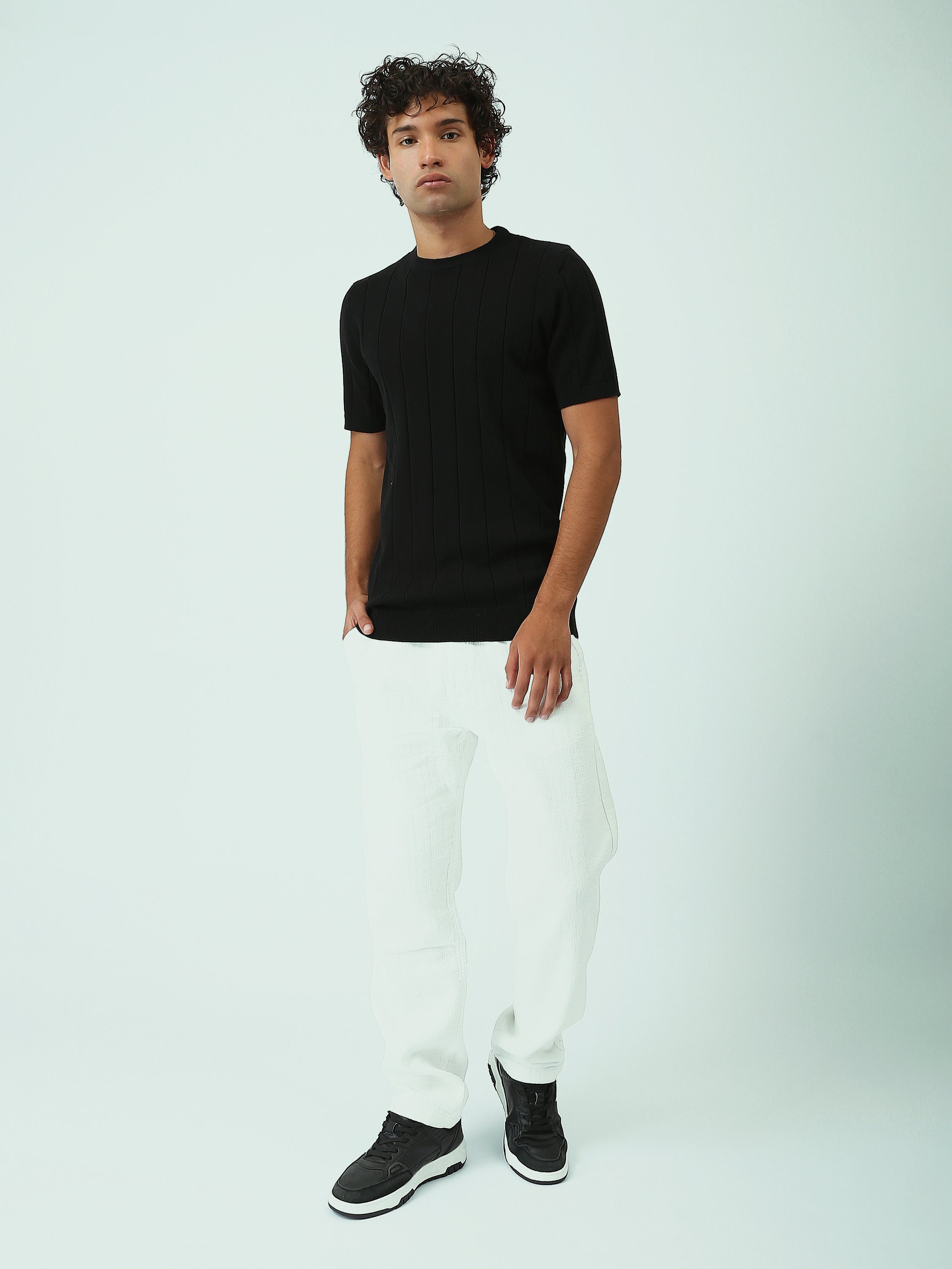 T-shirt Homme en Maille Texturée à Rayures Verticales - SH25SKRS20370TM1
