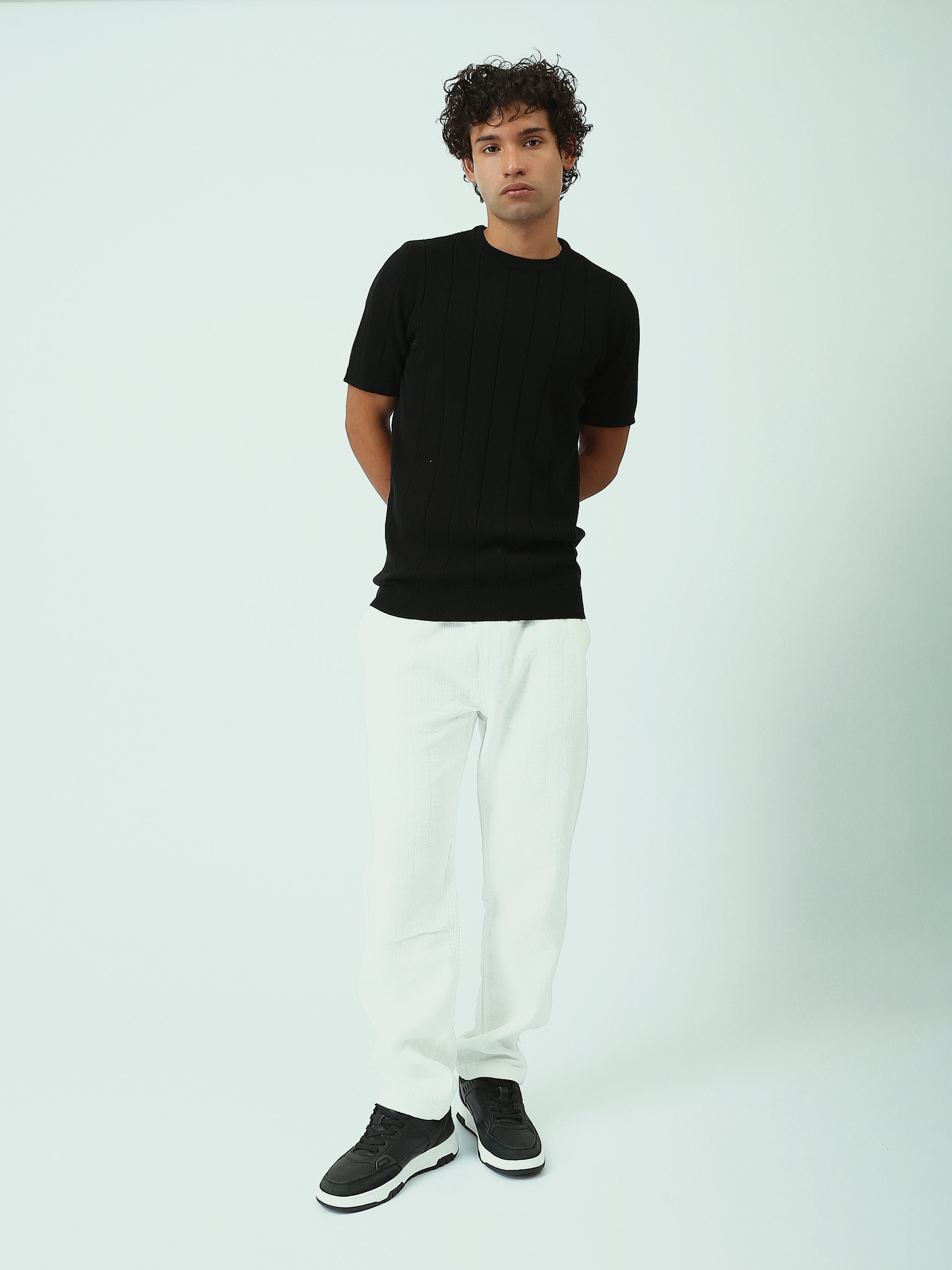 T-shirt Homme en Maille Texturée à Rayures Verticales - SH25SKRS20370TM1