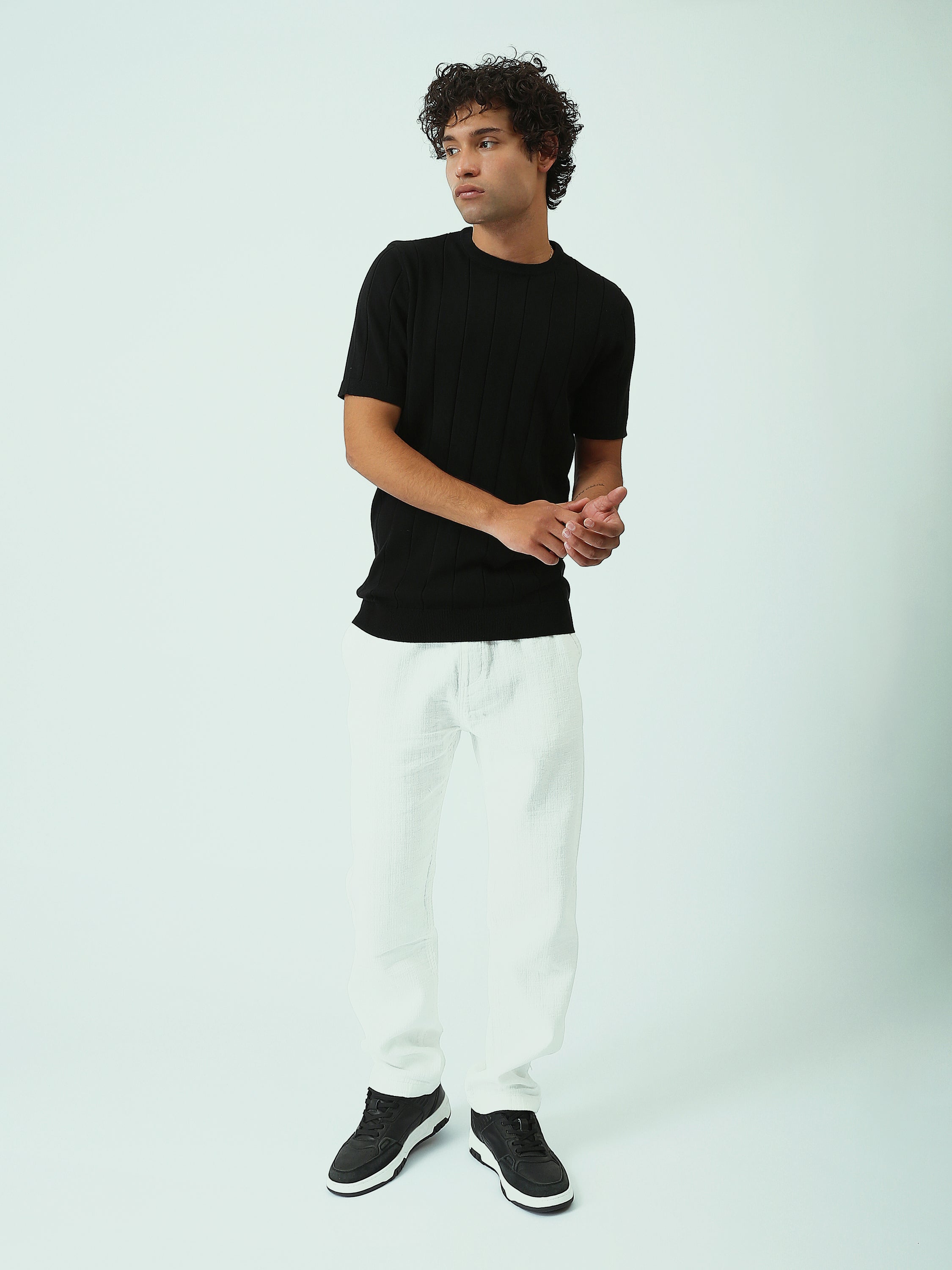 T-shirt Homme en Maille Texturée à Rayures Verticales - SH25SKRS20370TM1