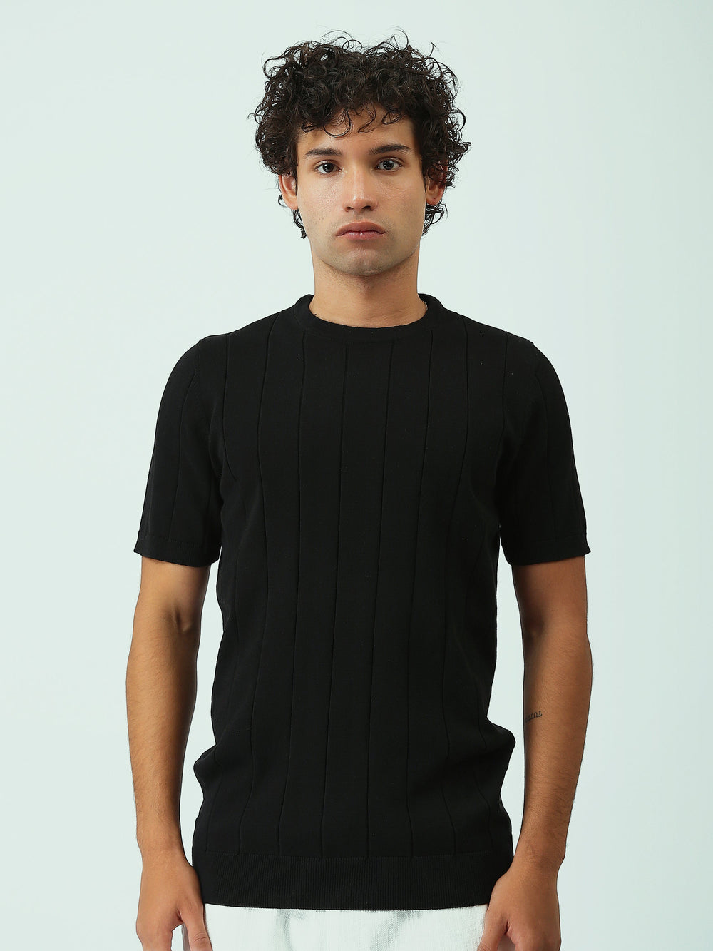 T-shirt Homme en Maille Texturée à Rayures Verticales - SH25SKRS20370TM1
