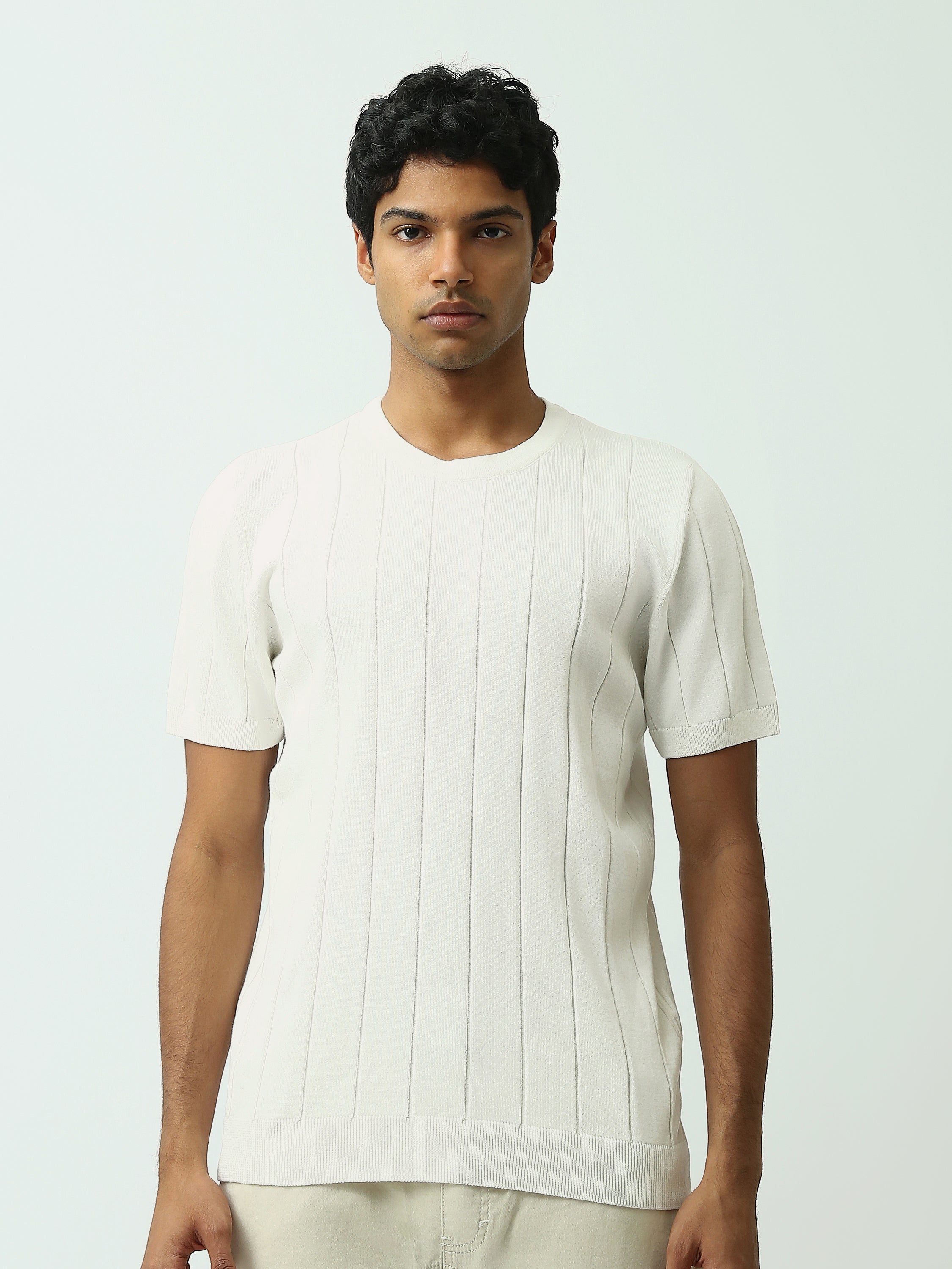 T-shirt Homme en Maille Texturée à Rayures Verticales - SH25SKRS20370TM1