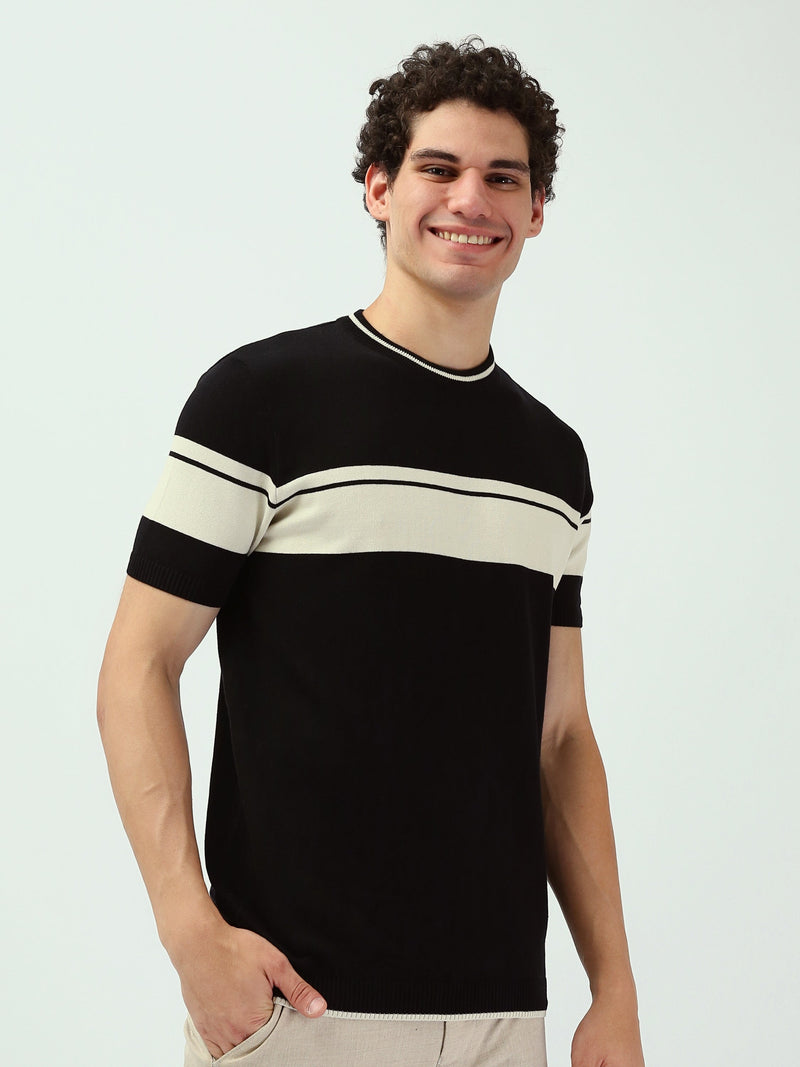Pull Homme à Manches Courtes en Maille Fine à Rayures Contrastées - TSH25SKRS20372TM1