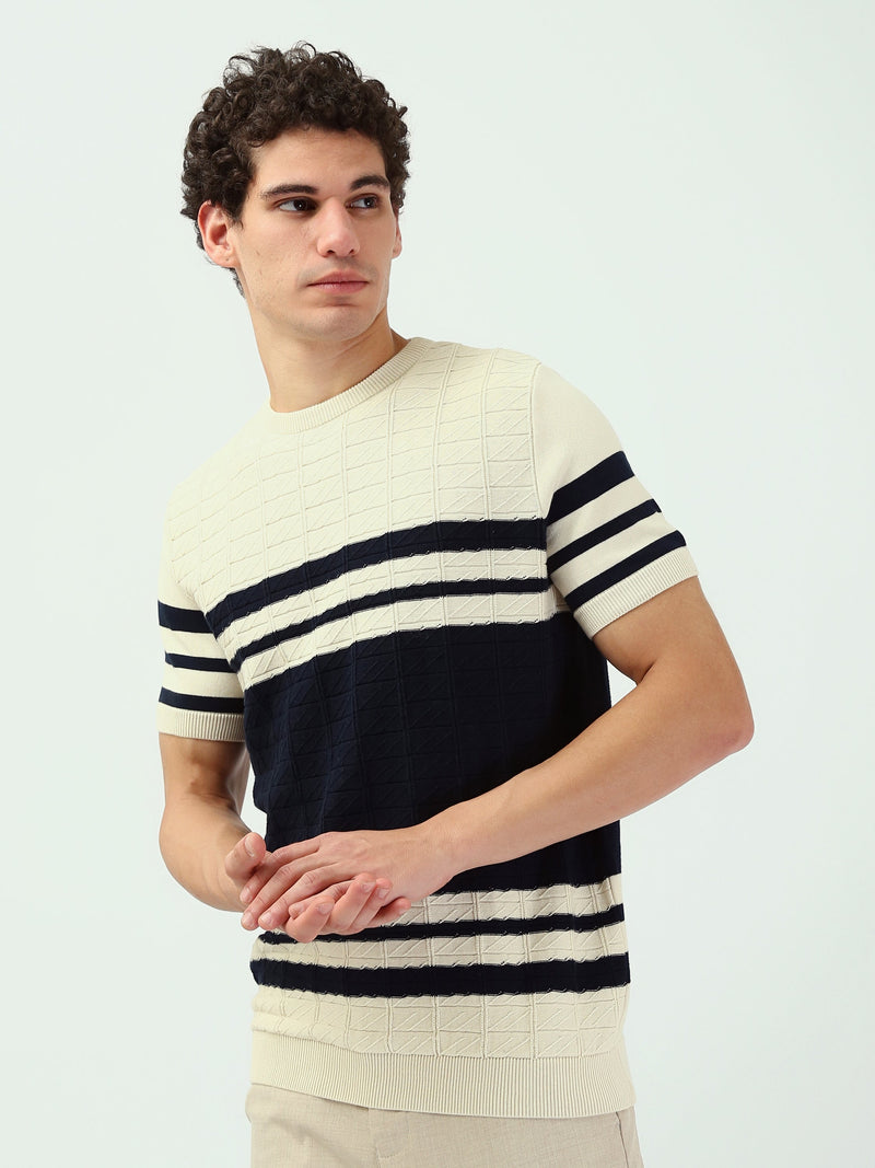 T-shirt Homme en Maille Texturée à Rayures Graphiques - TSH25SKRS20502TM1