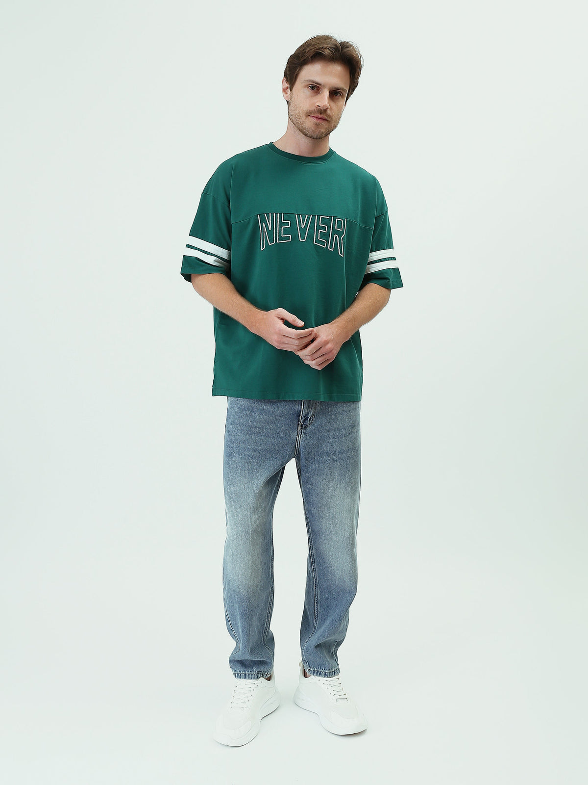 T-shirt Homme Oversize à Broderie Frontale et Bandes Sportives - TSH25SPR20506TM1